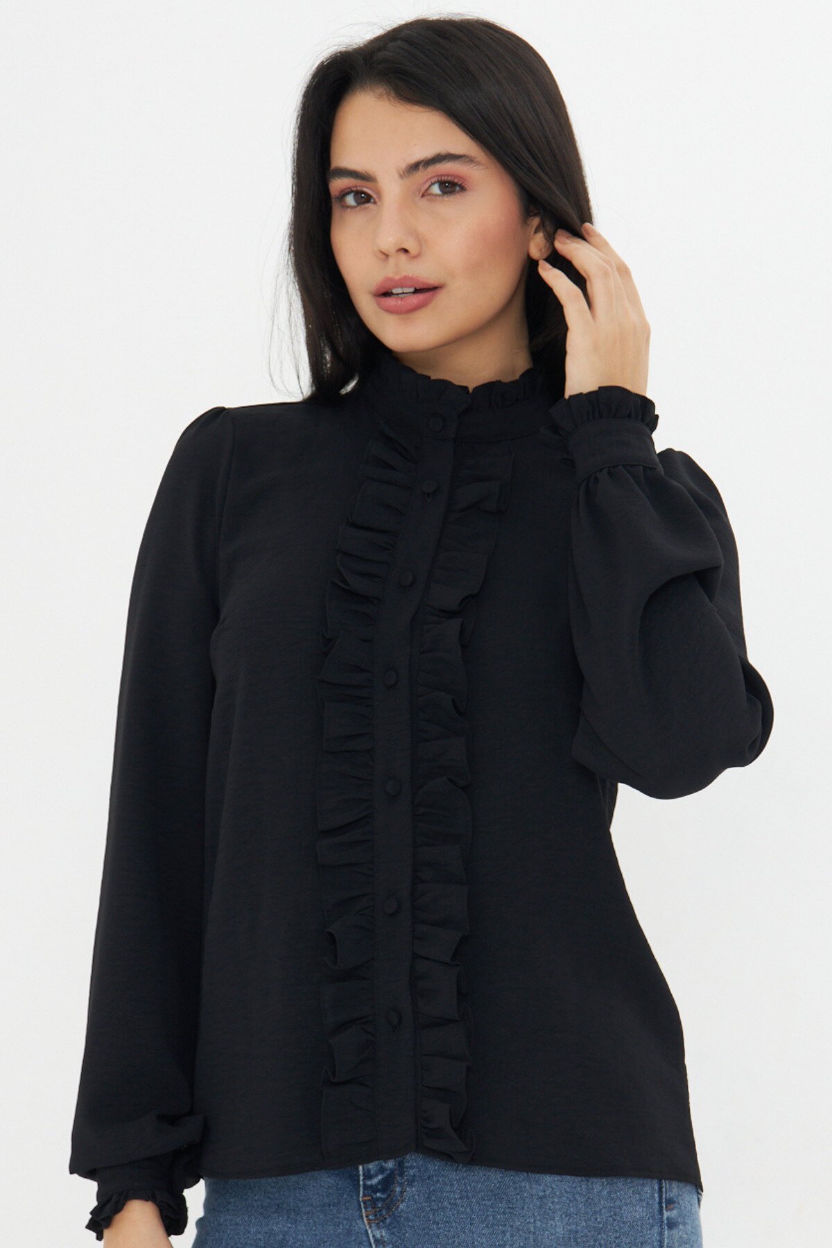 Long Sleeve Ruffle Detail Shirt - Black - Genel Markalar