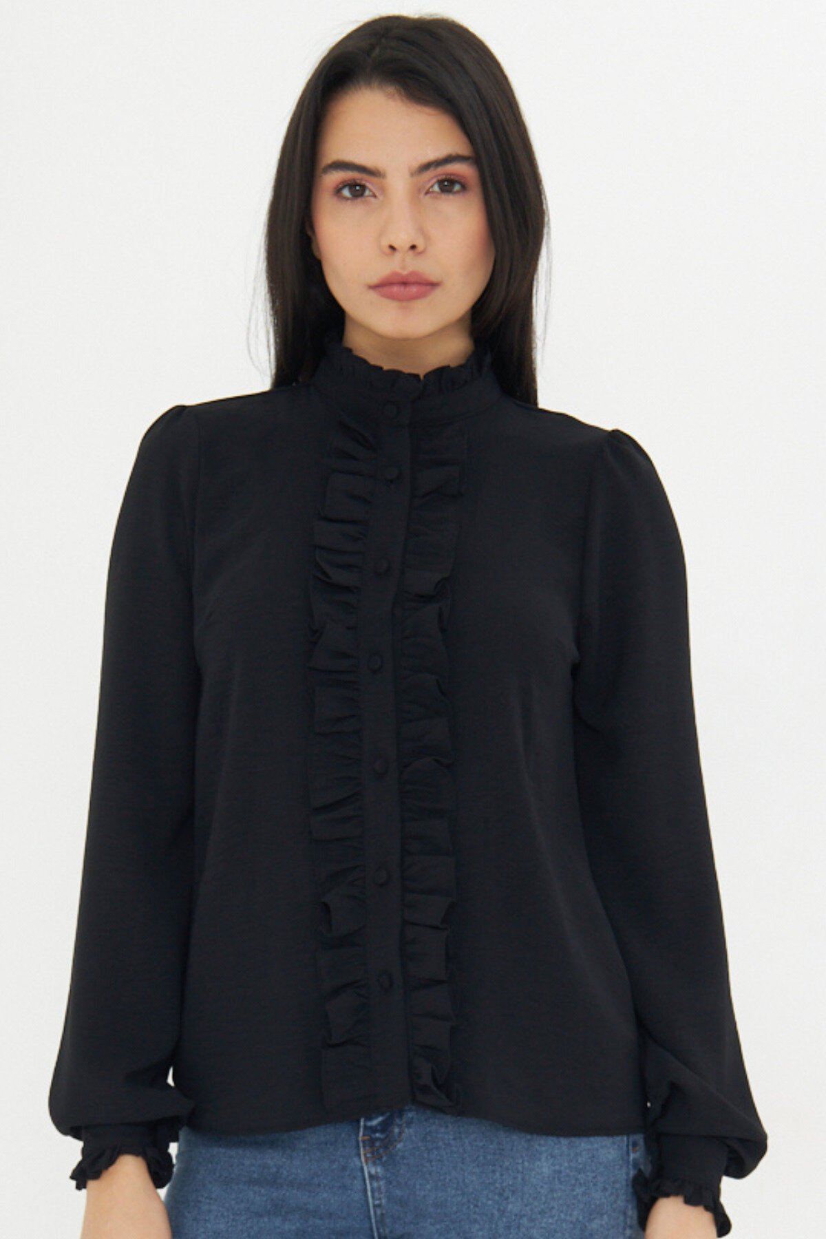 Long Sleeve Ruffle Detail Shirt - Black - Genel Markalar