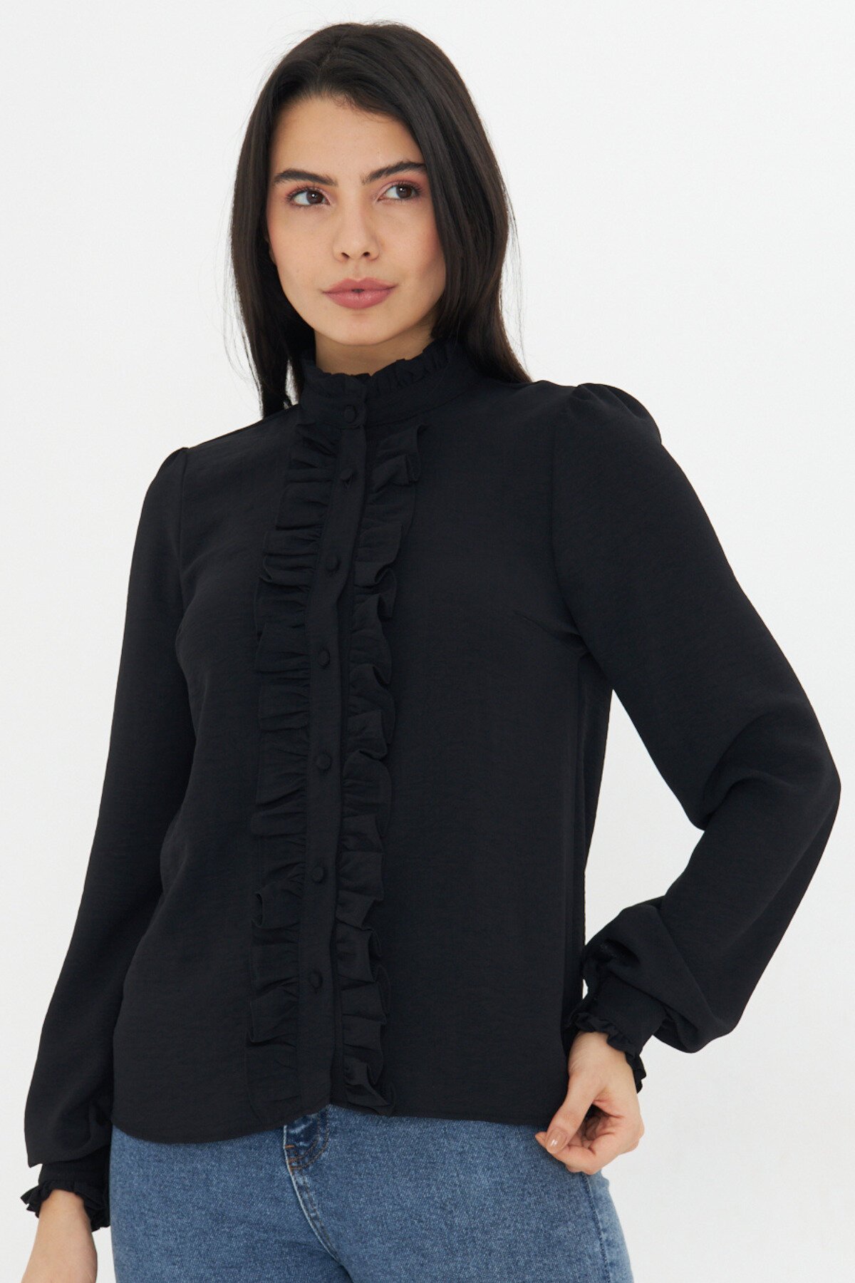 Long Sleeve Ruffle Detail Shirt - Black - Genel Markalar
