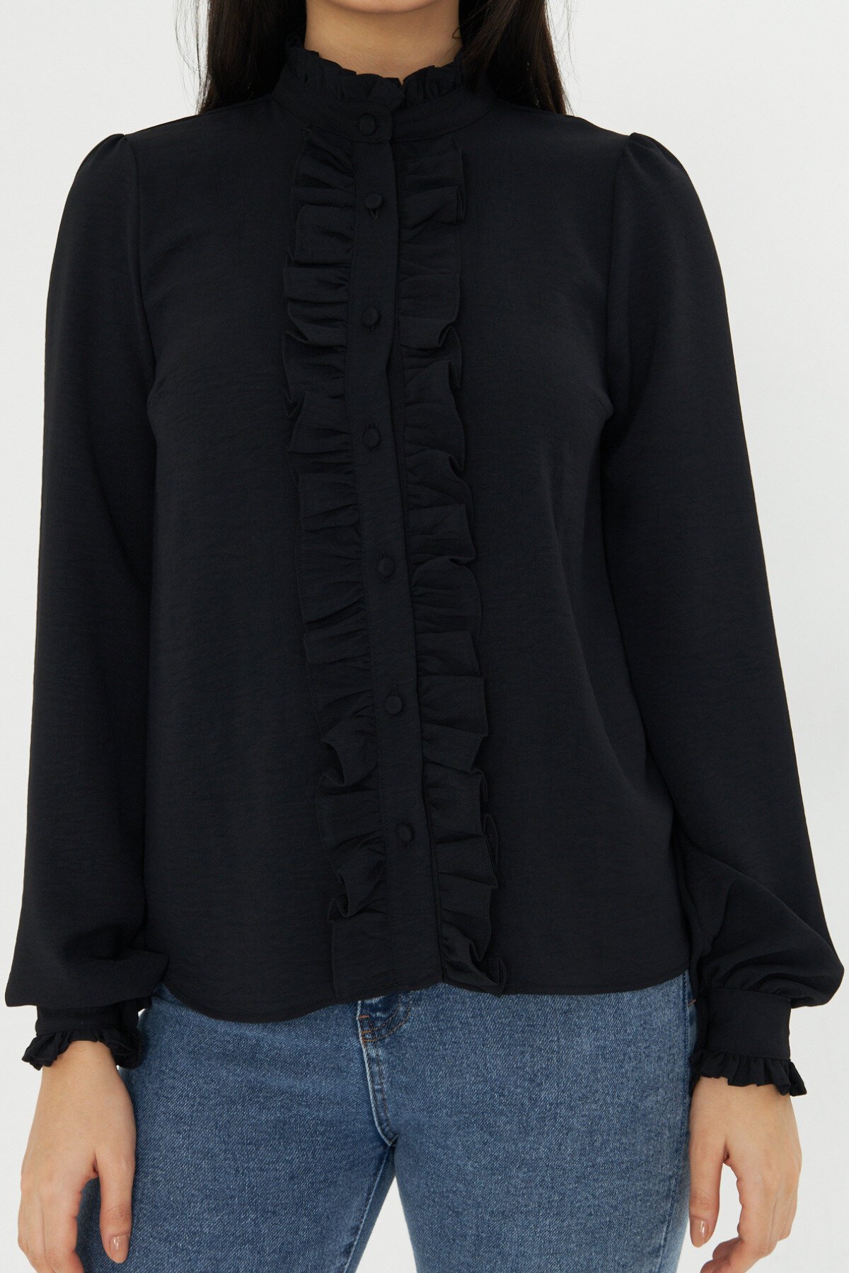 Long Sleeve Ruffle Detail Shirt - Black - Genel Markalar