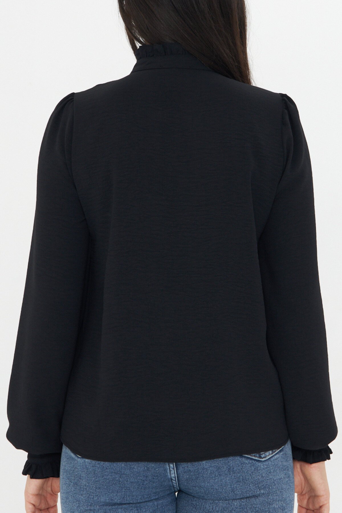 Long Sleeve Ruffle Detail Shirt - Black - Genel Markalar