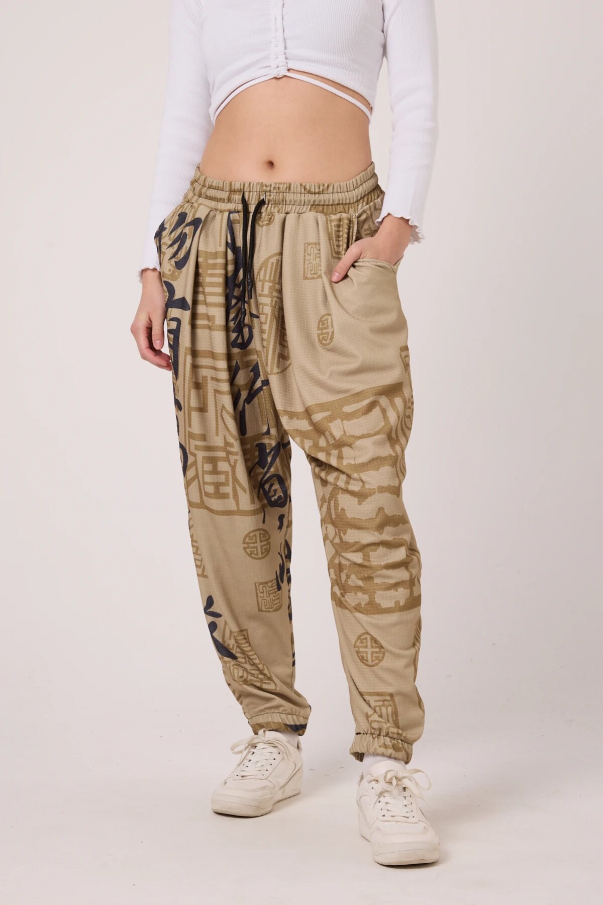 Sporty Printed Crinkle Shalwar Pants - Beige - MEXICO SUPERBLUE