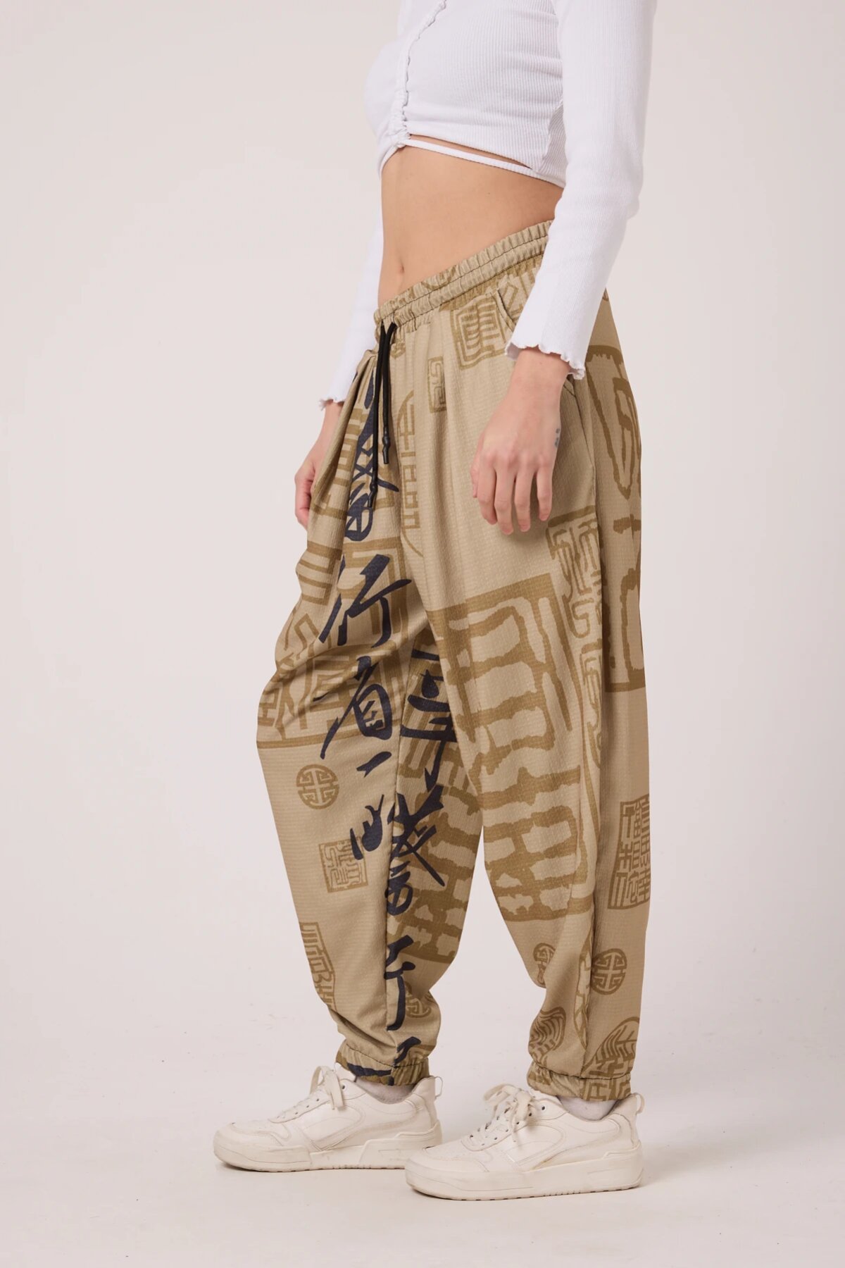 Sporty Printed Crinkle Shalwar Pants - Beige - MEXICO SUPERBLUE