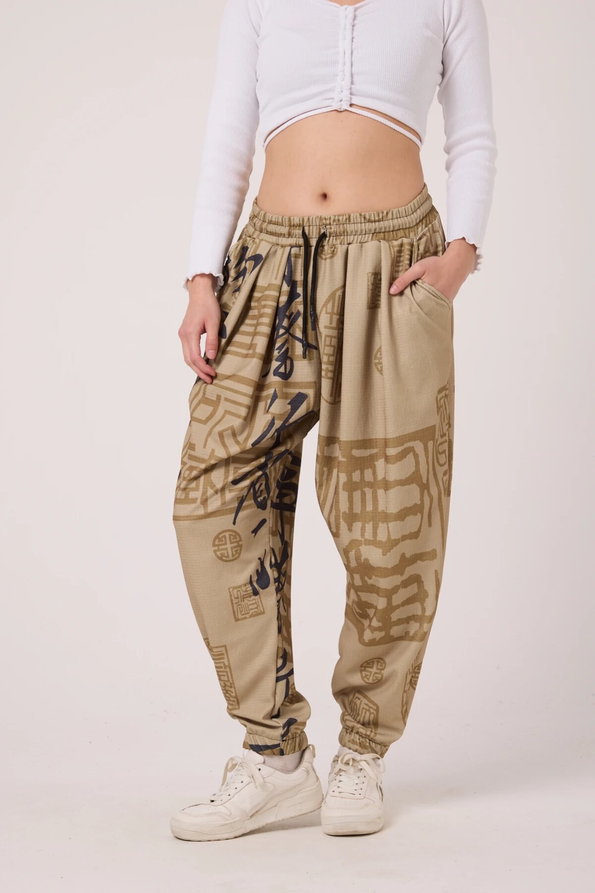 Sporty Printed Crinkle Shalwar Pants - Beige - MEXICO SUPERBLUE