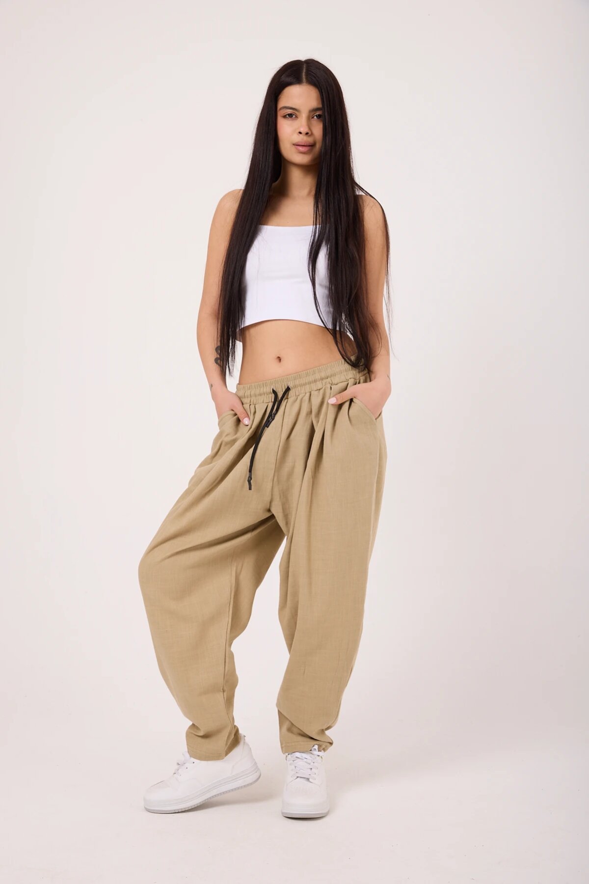 Street Style Sporty Harem Printed Pants - Beige - MEXICO SUPERBLUE