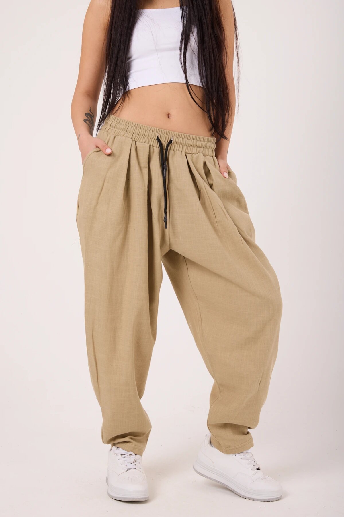 Street Style Sporty Harem Printed Pants - Beige - MEXICO SUPERBLUE