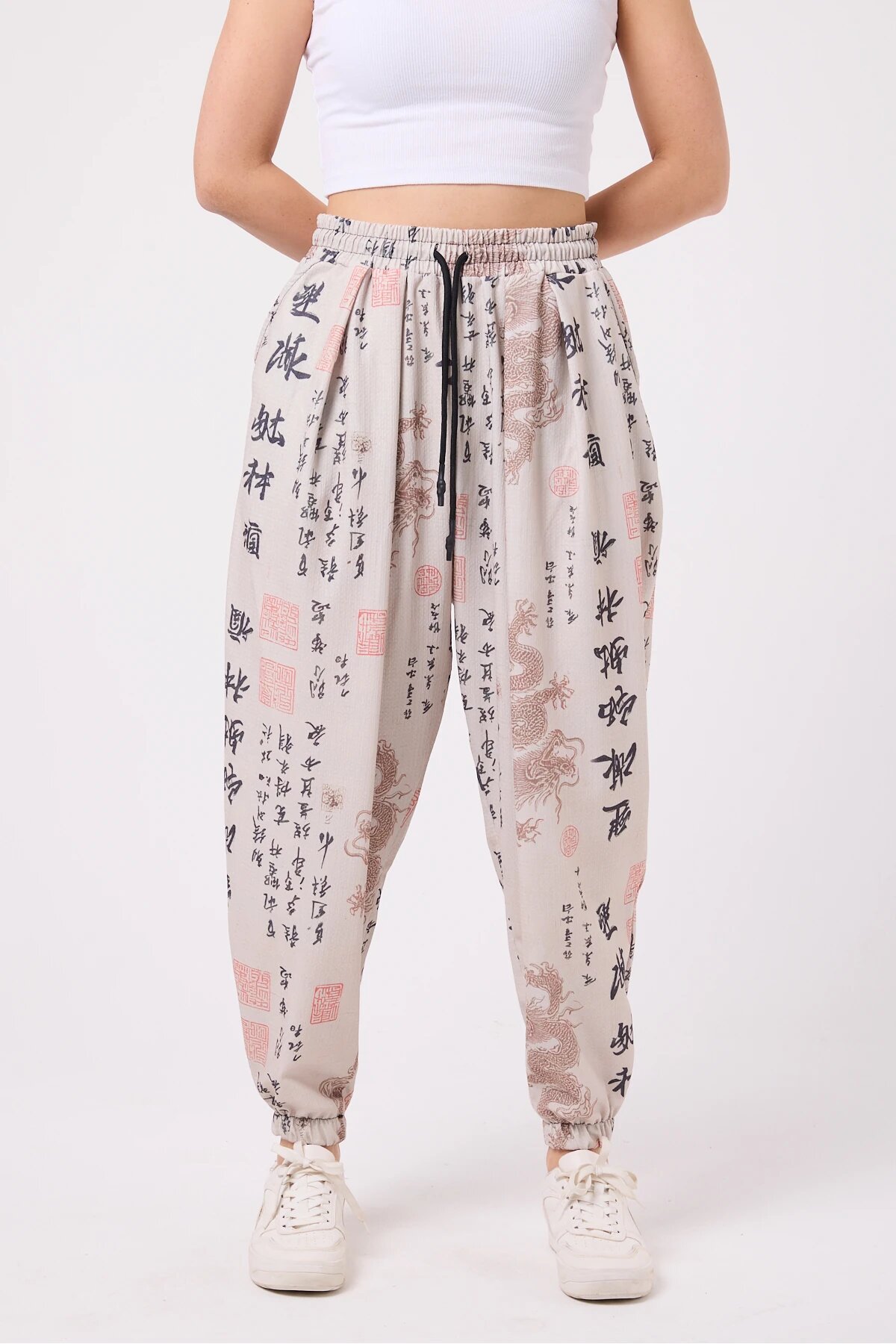 Sporty Harem Printed Seersucker Pants - Beige - MEXICO SUPERBLUE