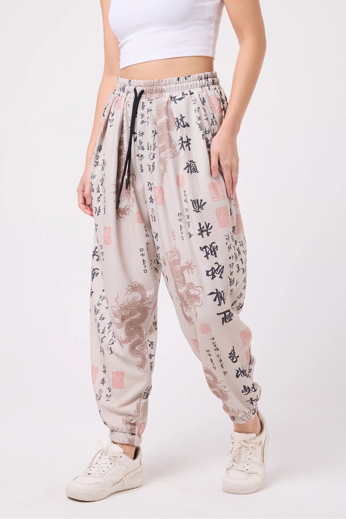 Sporty Harem Printed Seersucker Pants - Beige - MEXICO SUPERBLUE
