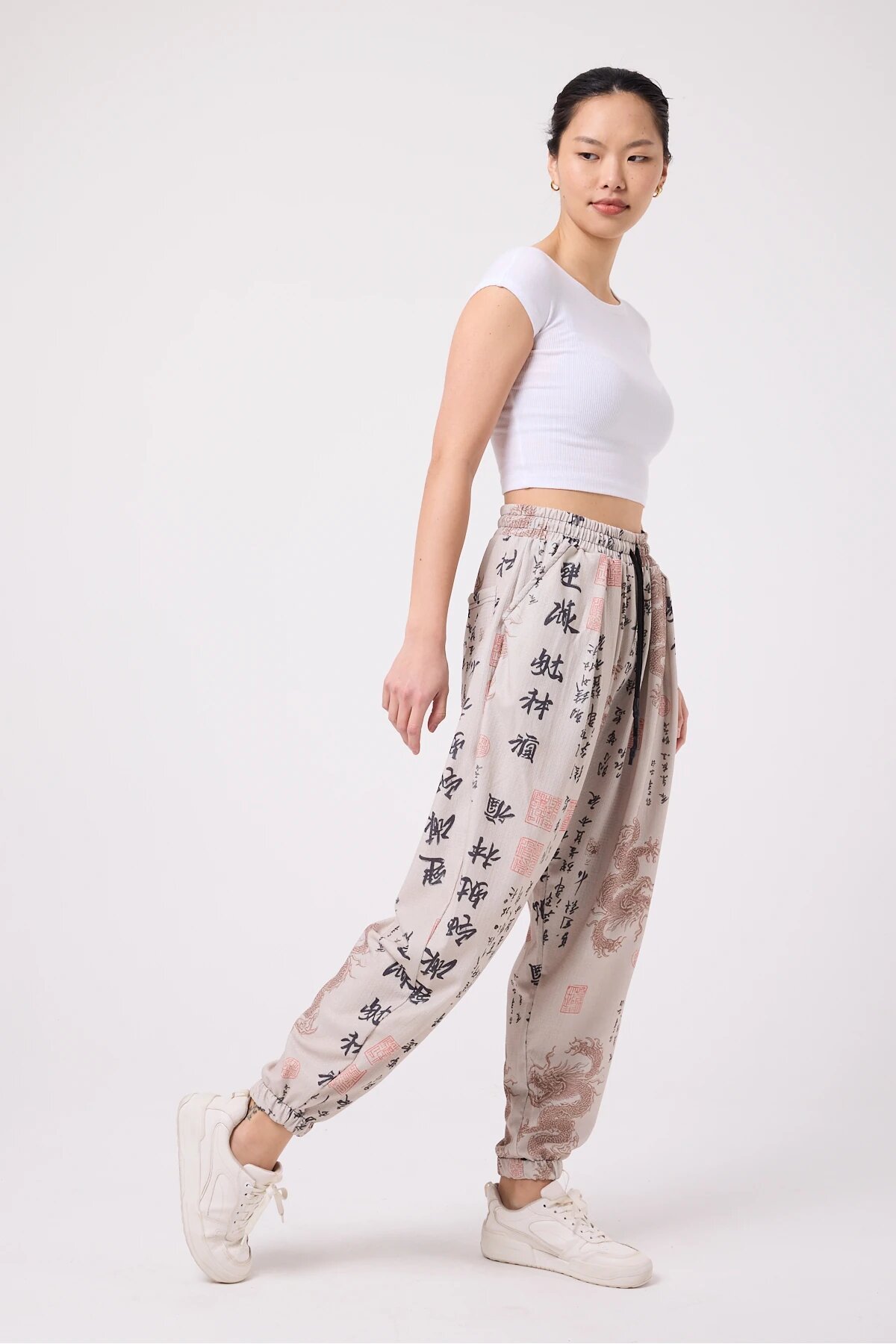 Sporty Harem Printed Seersucker Pants - Beige - MEXICO SUPERBLUE