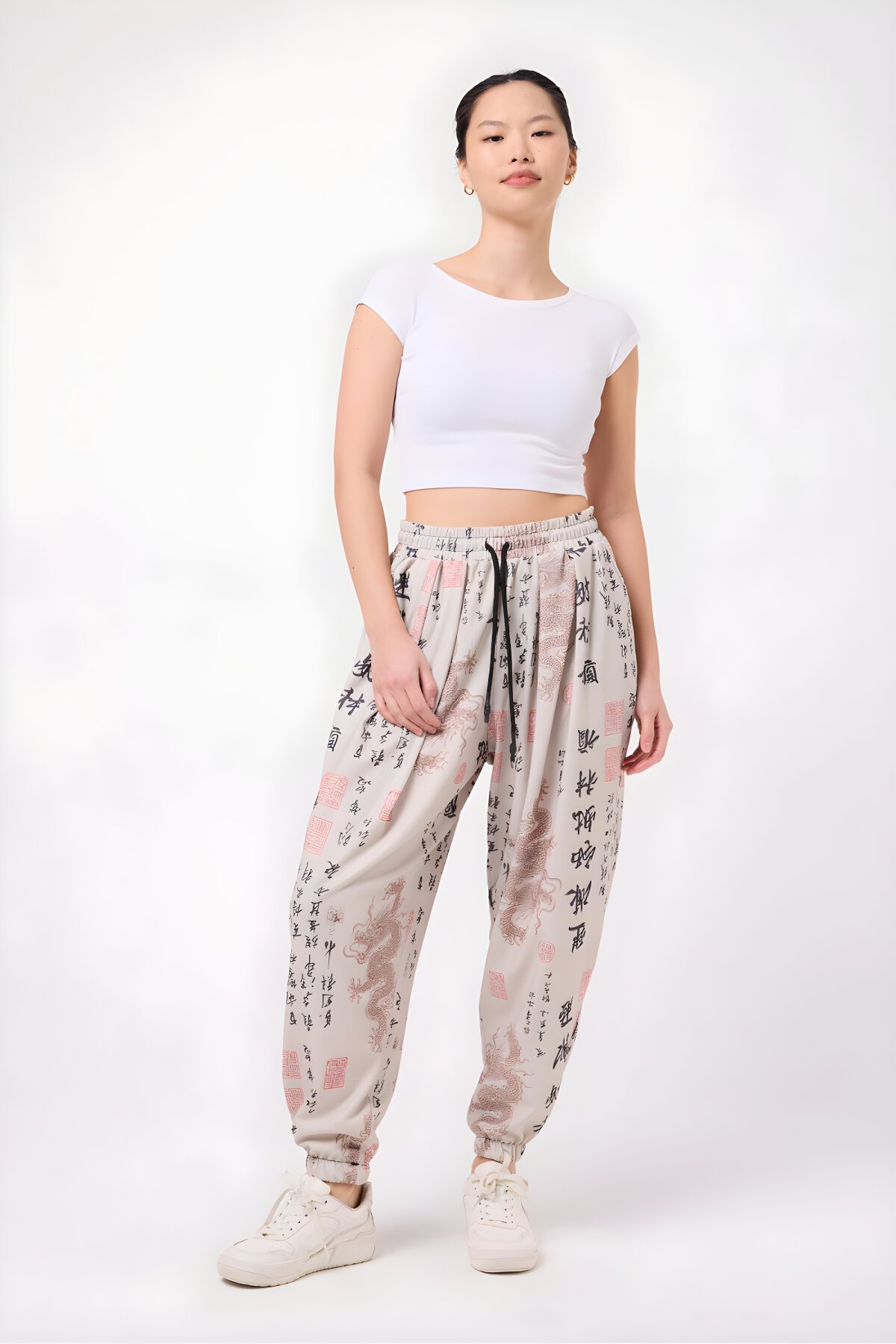Sporty Harem Printed Seersucker Pants - Beige - MEXICO SUPERBLUE