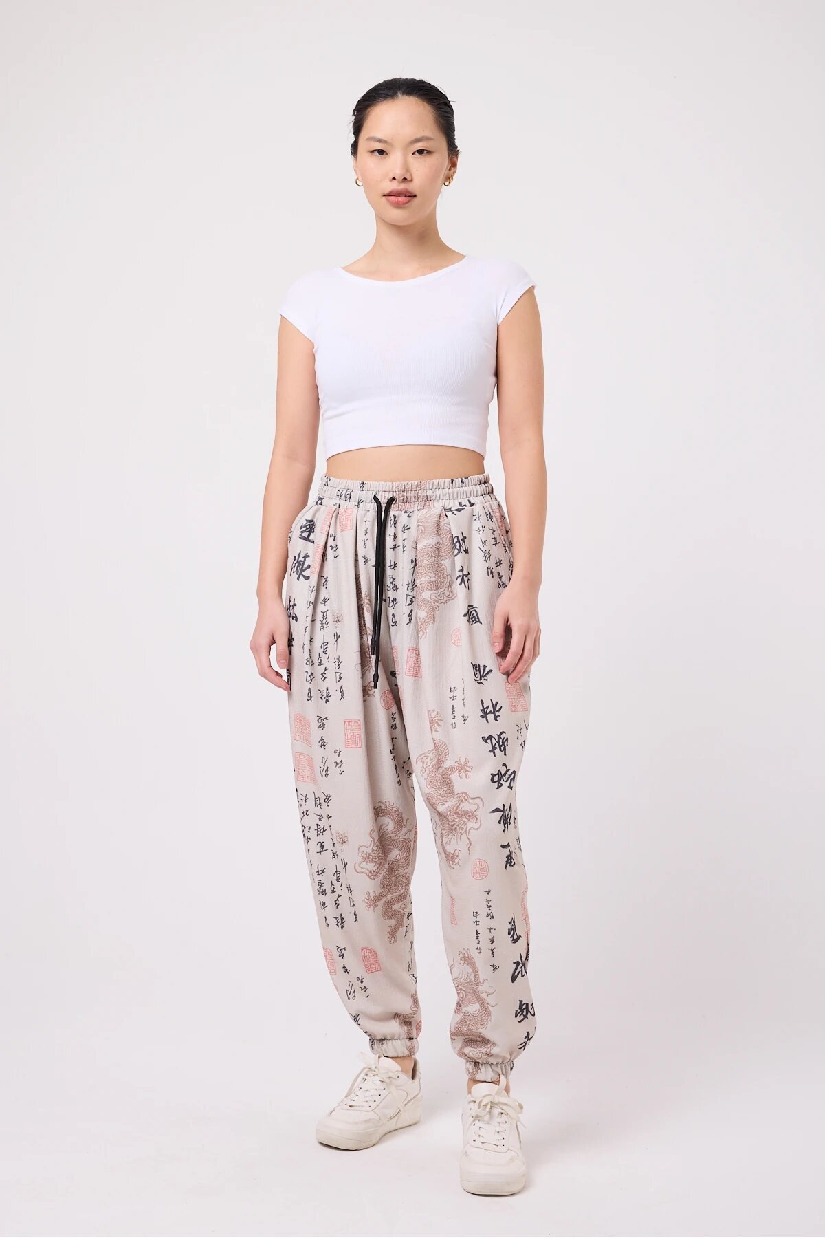 Sporty Harem Printed Seersucker Pants - Beige - MEXICO SUPERBLUE