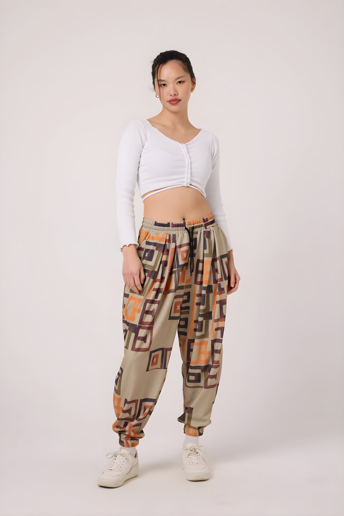 Sporty Harem Printed Crinkle Pants - Beige - MEXICO SUPERBLUE