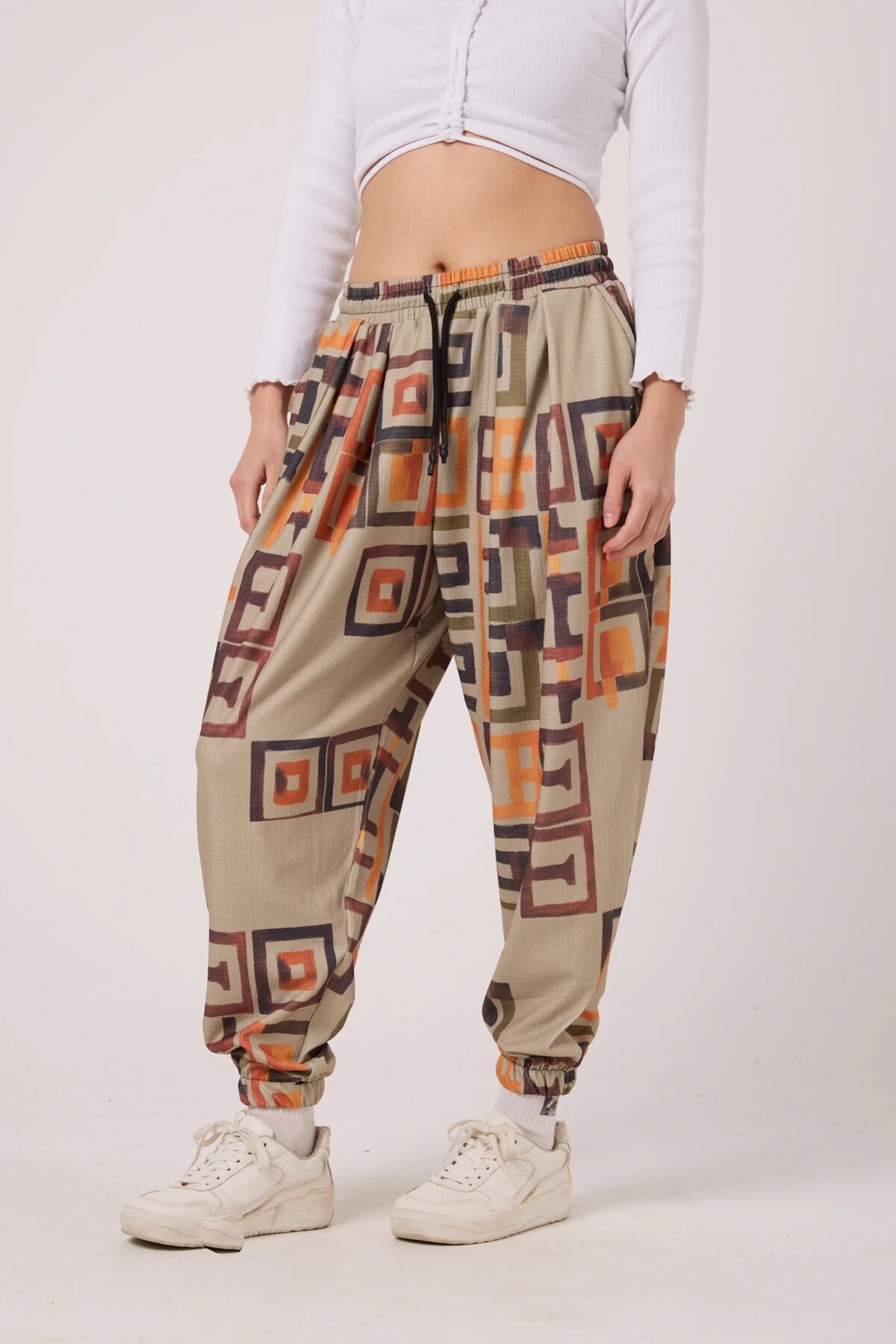 Sporty Harem Printed Crinkle Pants - Beige - MEXICO SUPERBLUE