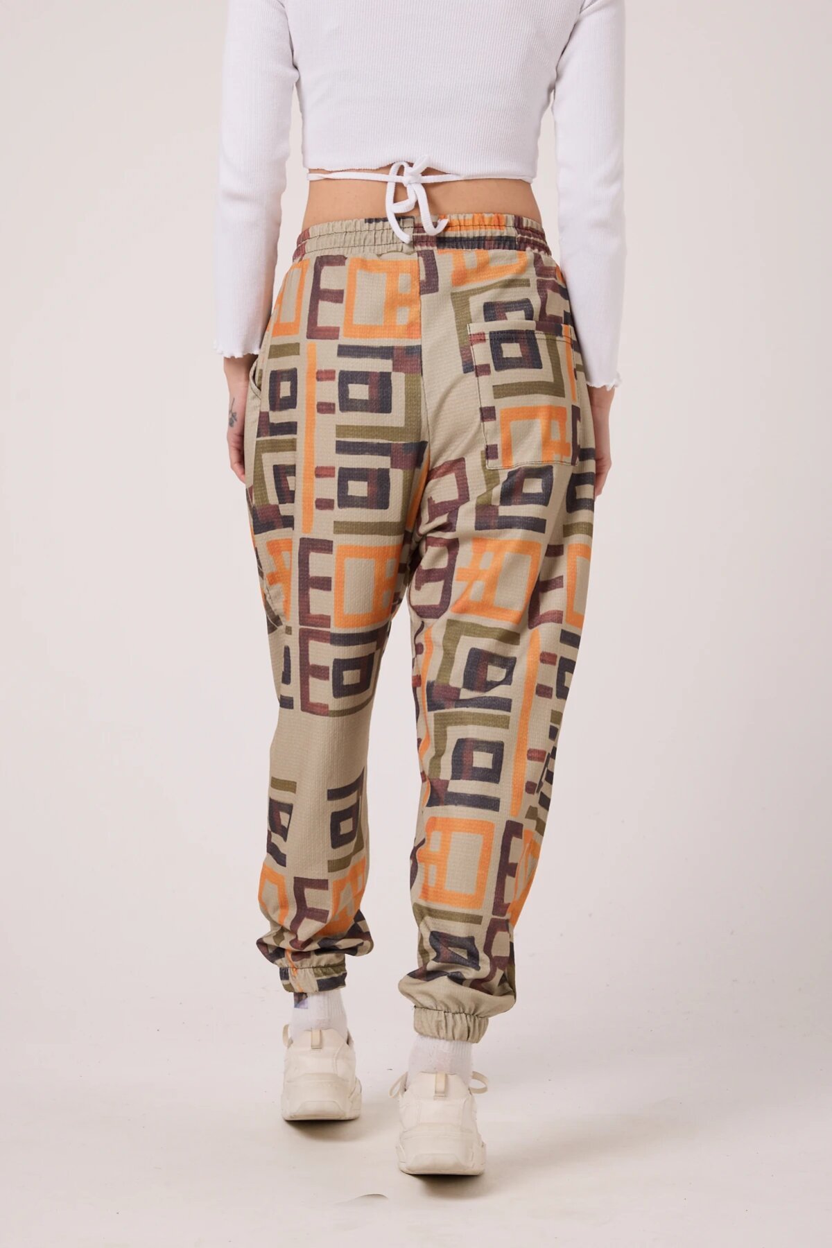 Sporty Harem Printed Crinkle Pants - Beige - MEXICO SUPERBLUE