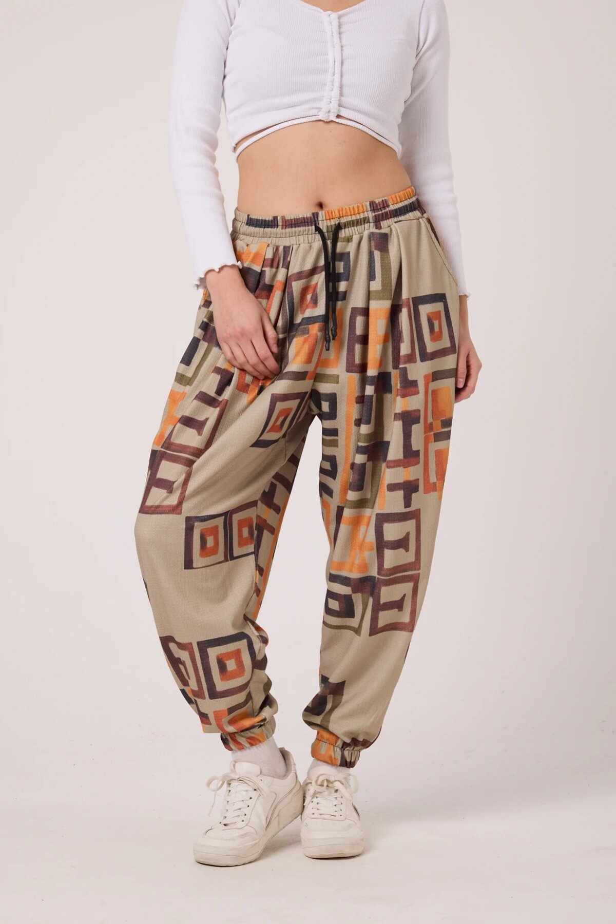 Sporty Harem Printed Crinkle Pants - Beige - MEXICO SUPERBLUE