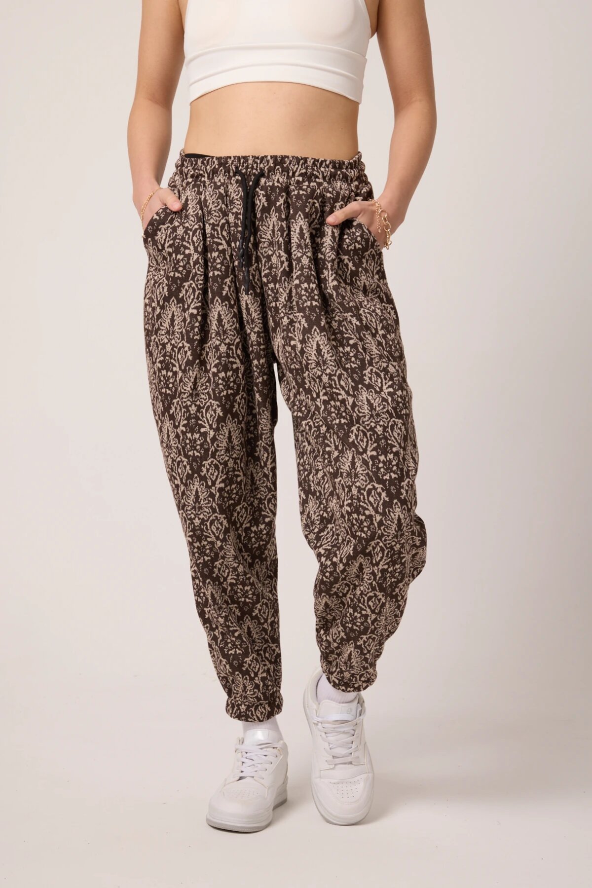 Sporty Harem Patterned Jacquard Pants - Beige - MEXICO SUPERBLUE