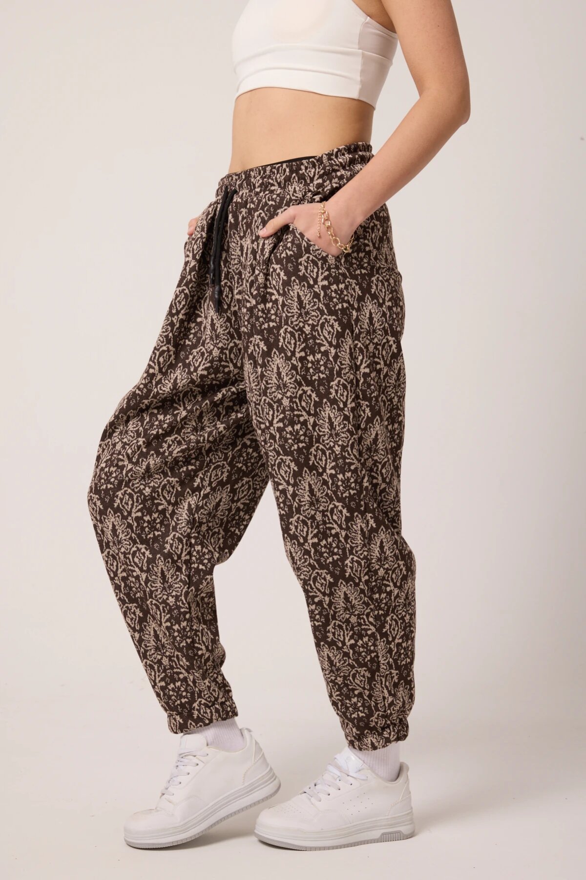 Sporty Harem Patterned Jacquard Pants - Beige - MEXICO SUPERBLUE