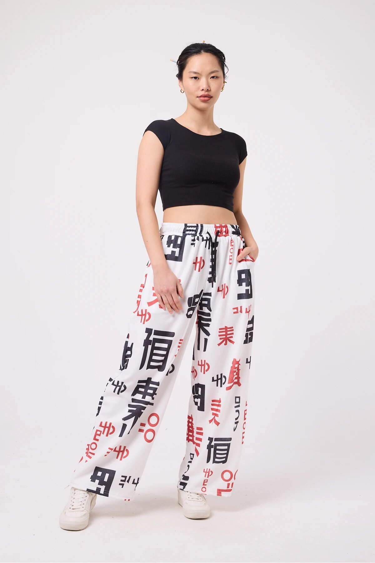Baggy Sporty Printed Crinkle Pants - White - MEXICO SUPERBLUE