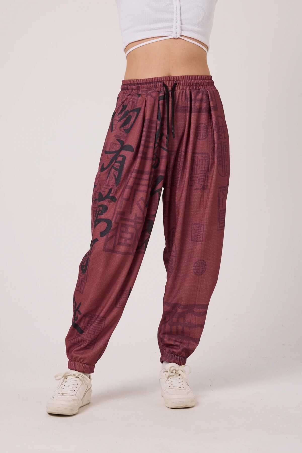 Sporty Harem Printed Crinkle Pants - Burgundy - MEXICO SUPERBLUE