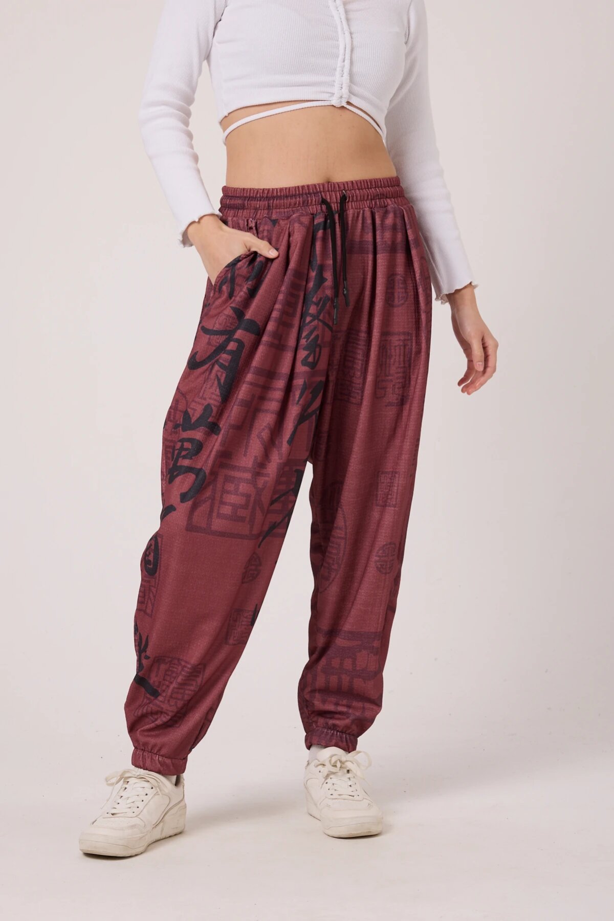 Sporty Harem Printed Crinkle Pants - Burgundy - MEXICO SUPERBLUE