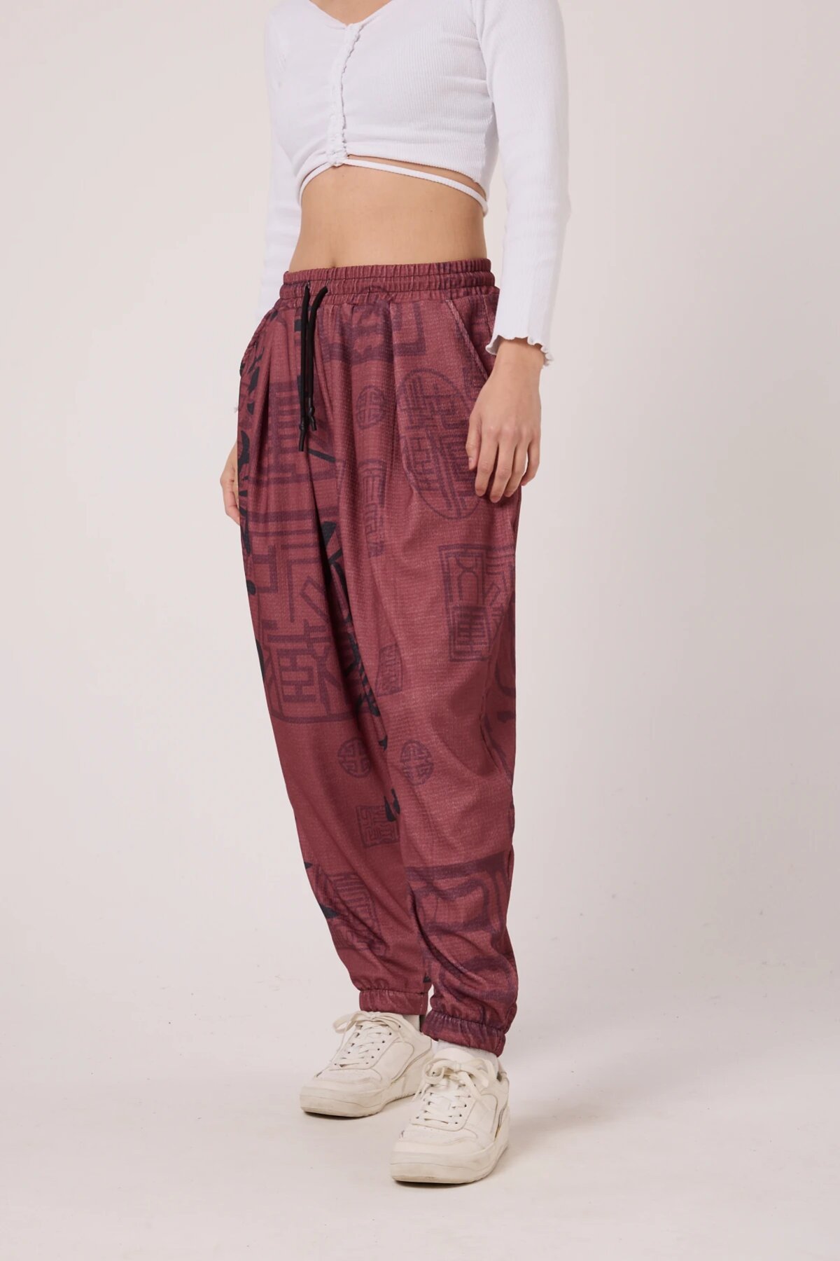 Sporty Harem Printed Crinkle Pants - Burgundy - MEXICO SUPERBLUE