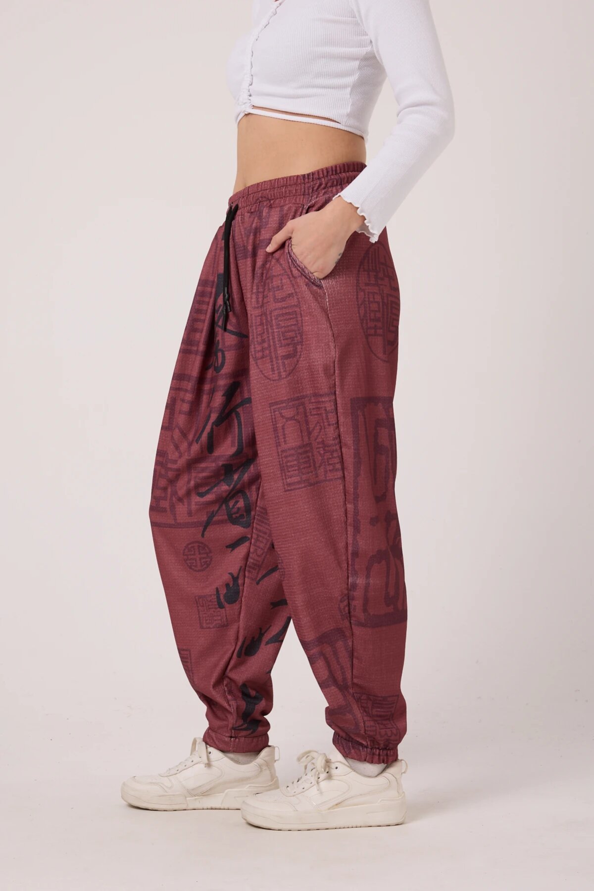 Sporty Harem Printed Crinkle Pants - Burgundy - MEXICO SUPERBLUE