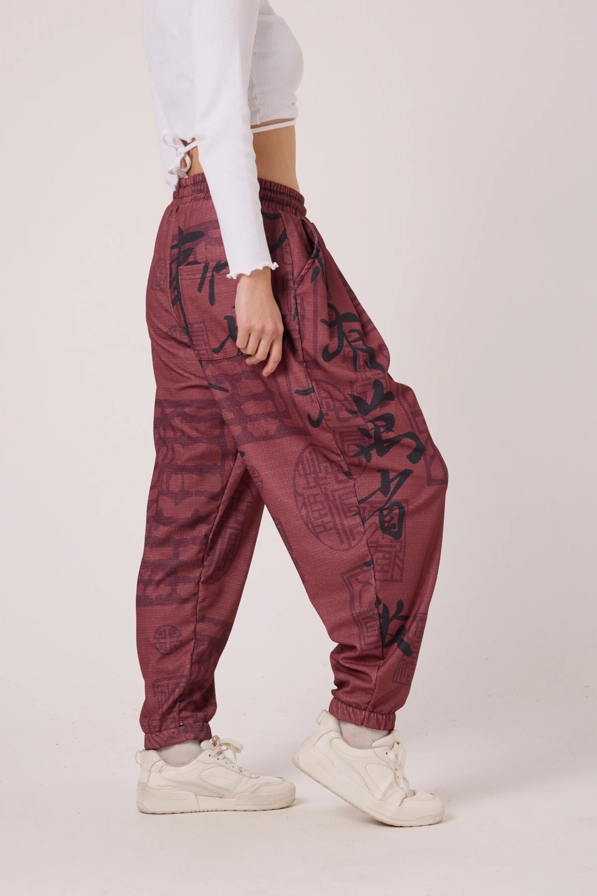 Sporty Harem Printed Crinkle Pants - Burgundy - MEXICO SUPERBLUE