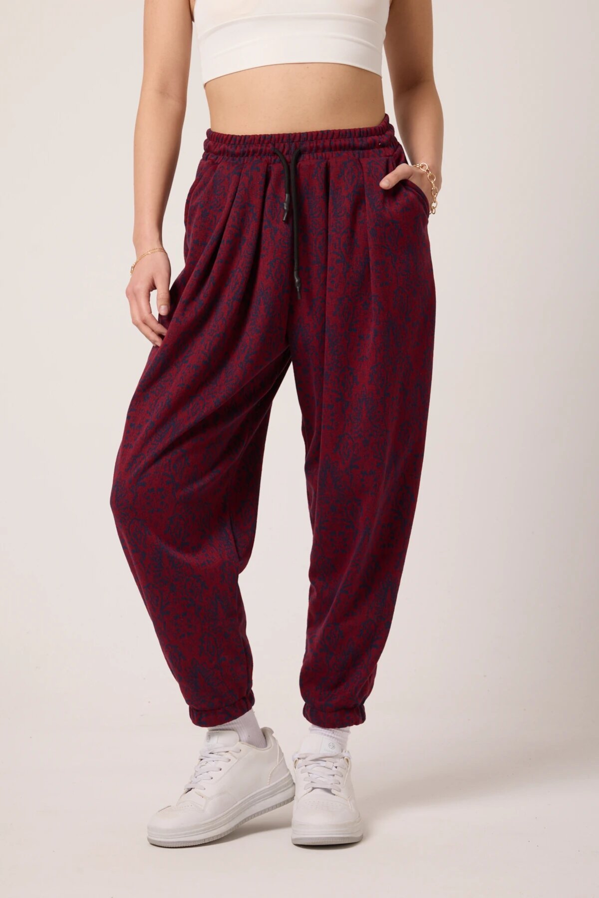 Sporty Shalwar Jacquard Pants - Burgundy - MEXICO SUPERBLUE