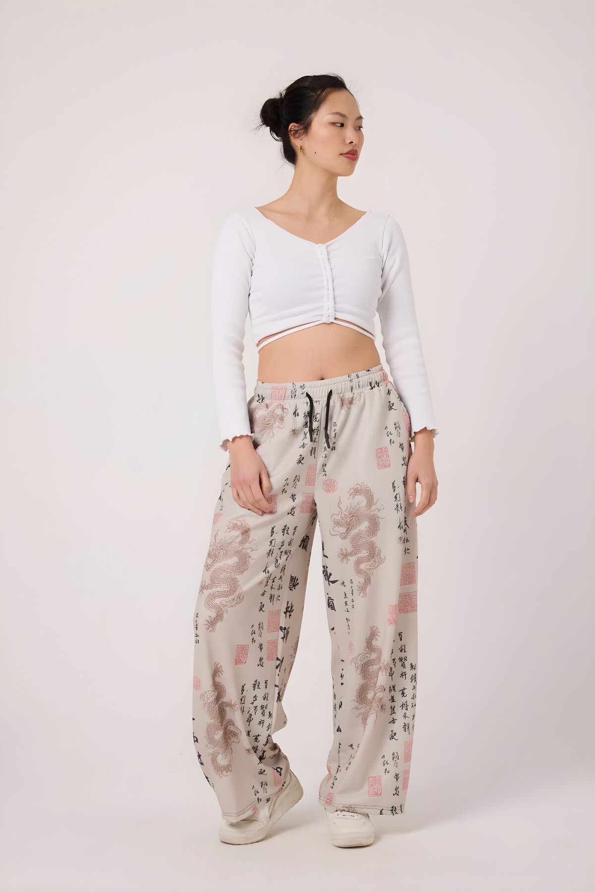 Baggy Casual Printed Crinkle Pants - Ecru - MEXICO SUPERBLUE