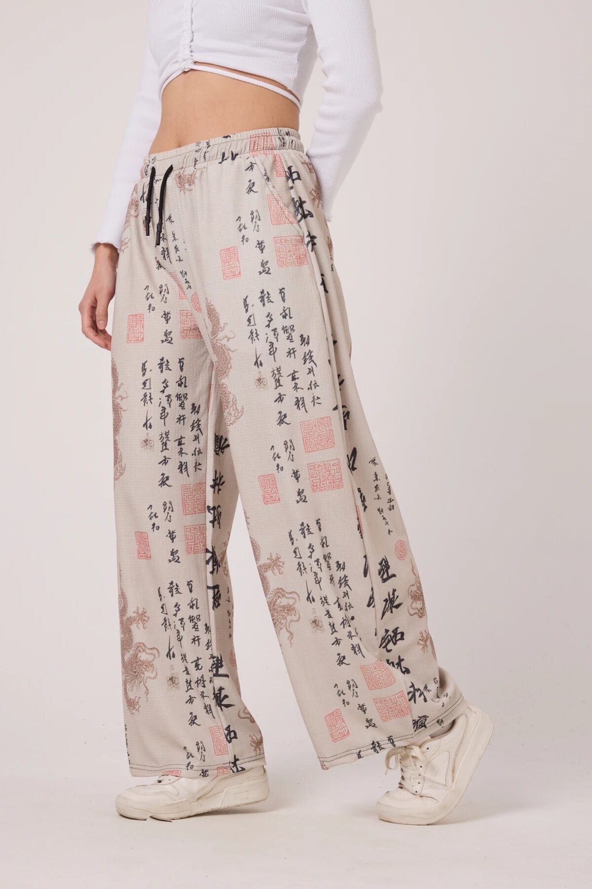 Baggy Casual Printed Crinkle Pants - Ecru - MEXICO SUPERBLUE