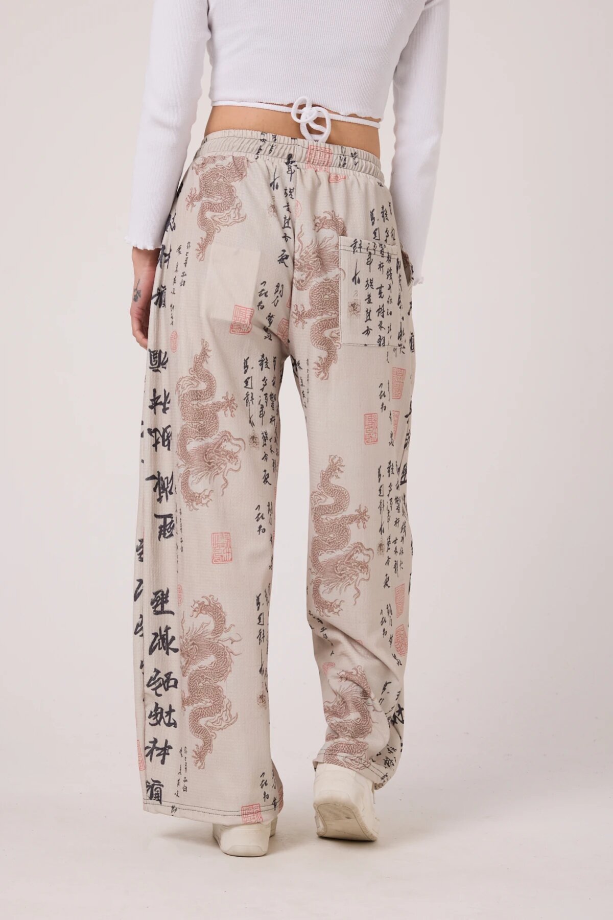 Baggy Casual Printed Crinkle Pants - Ecru - MEXICO SUPERBLUE