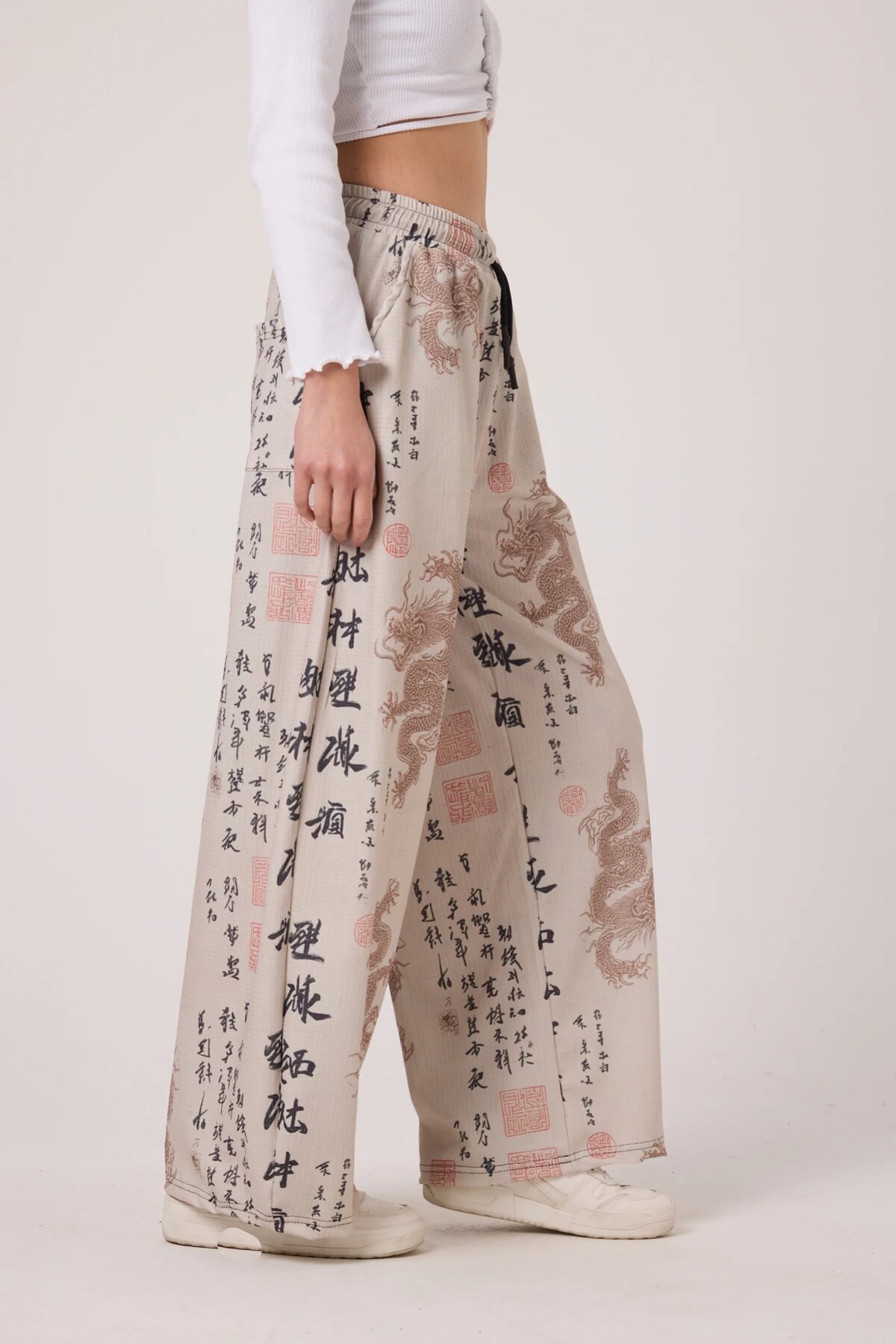 Baggy Casual Printed Crinkle Pants - Ecru - MEXICO SUPERBLUE