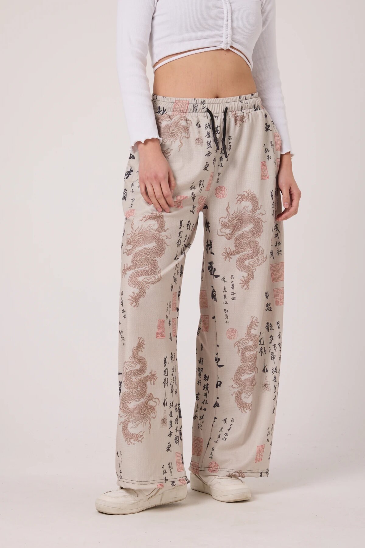 Baggy Casual Printed Crinkle Pants - Ecru - MEXICO SUPERBLUE