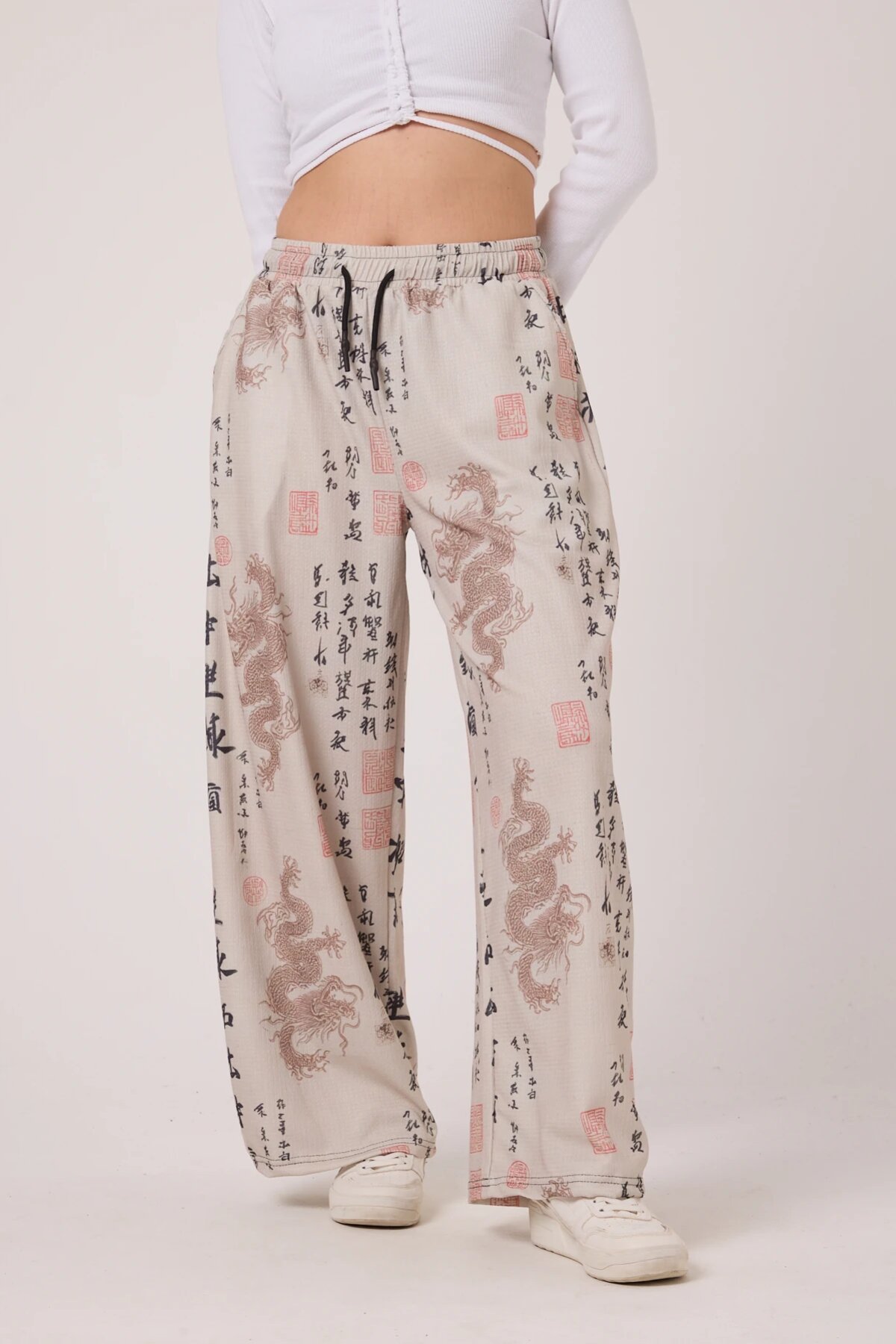 Baggy Casual Printed Crinkle Pants - Ecru - MEXICO SUPERBLUE