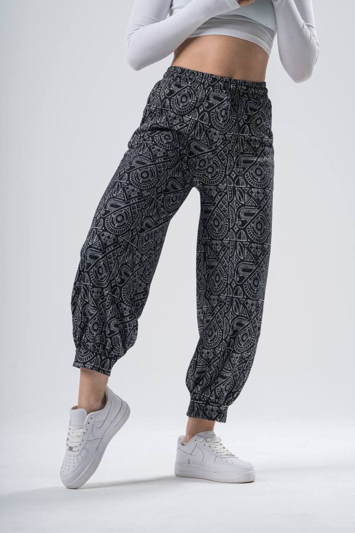 Loose Jogger Ethnic Patterned Sport Pants - Smoked - MEXICO SUPERBLUE