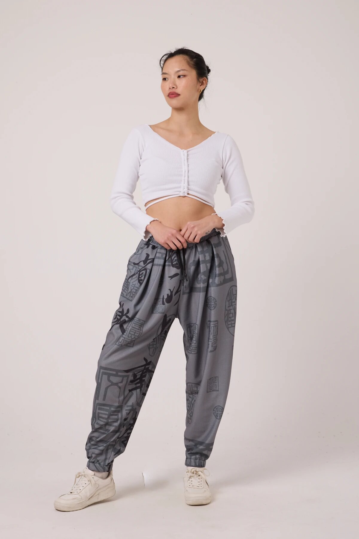 Sporty Shalwar Printed Crinkle Pants - Gray - MEXICO SUPERBLUE