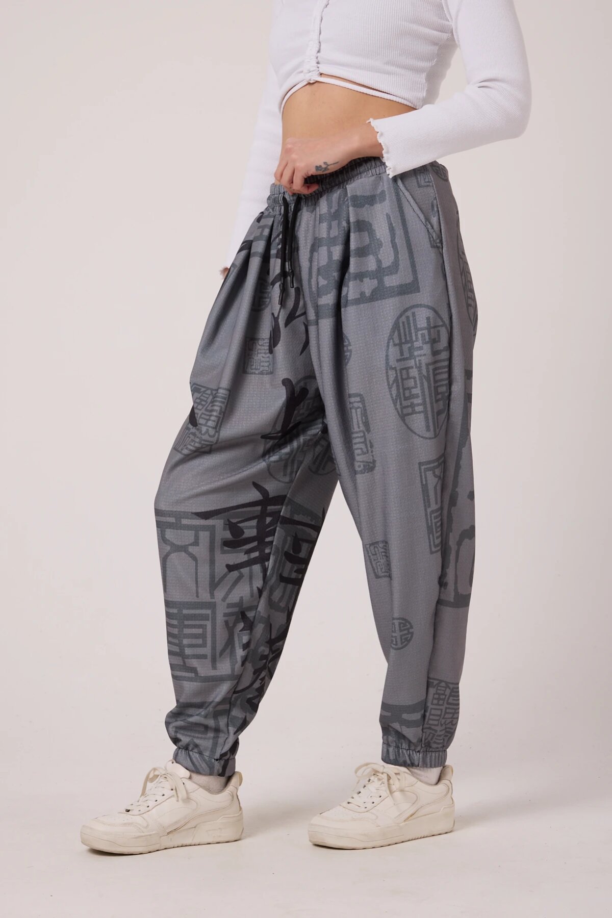 Sporty Shalwar Printed Crinkle Pants - Gray - MEXICO SUPERBLUE
