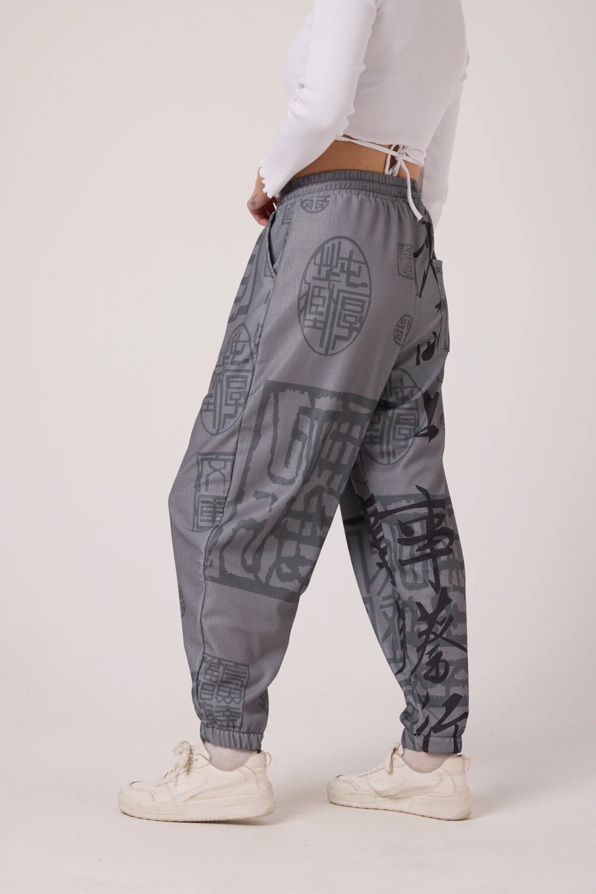 Sporty Shalwar Printed Crinkle Pants - Gray - MEXICO SUPERBLUE