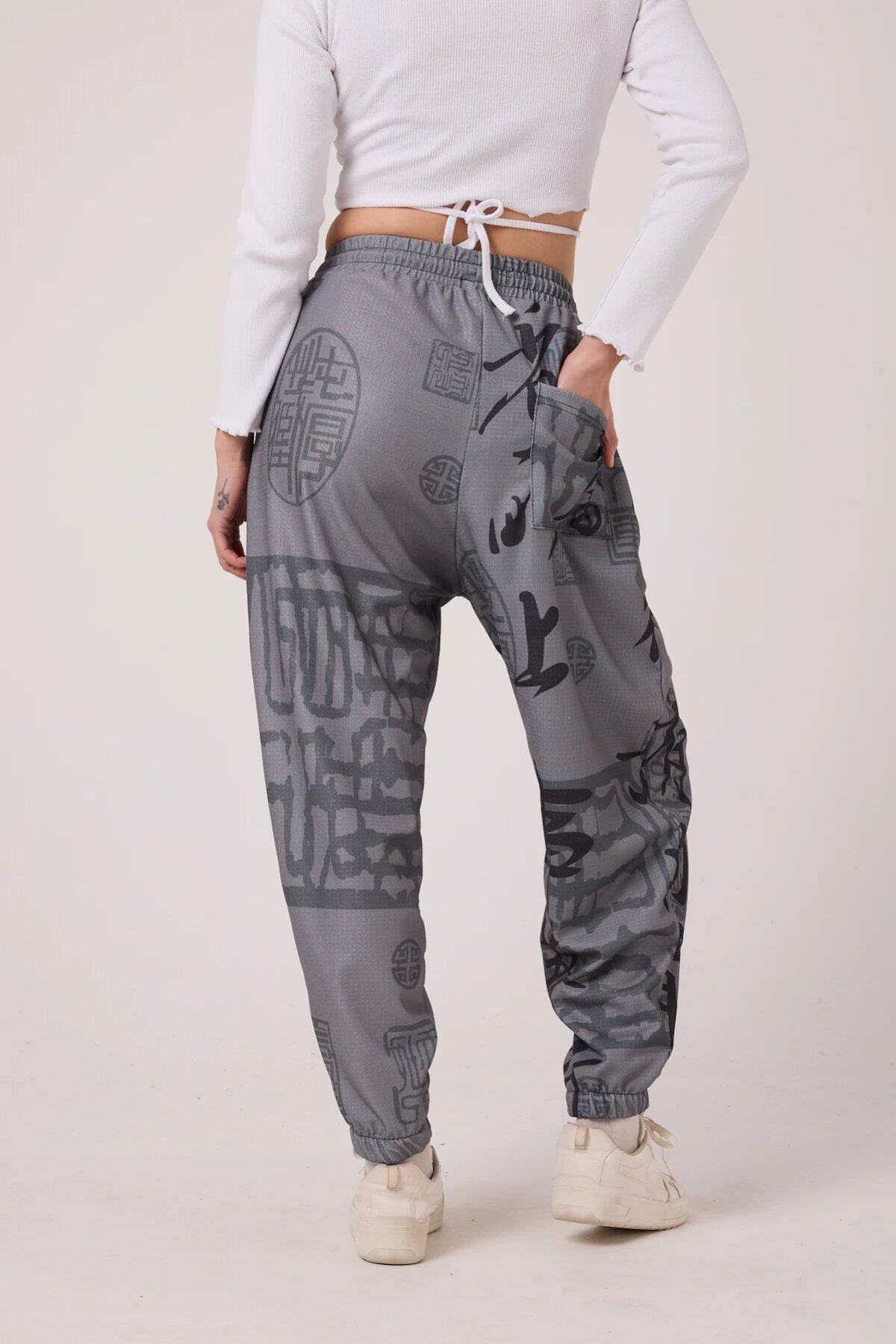 Sporty Shalwar Printed Crinkle Pants - Gray - MEXICO SUPERBLUE