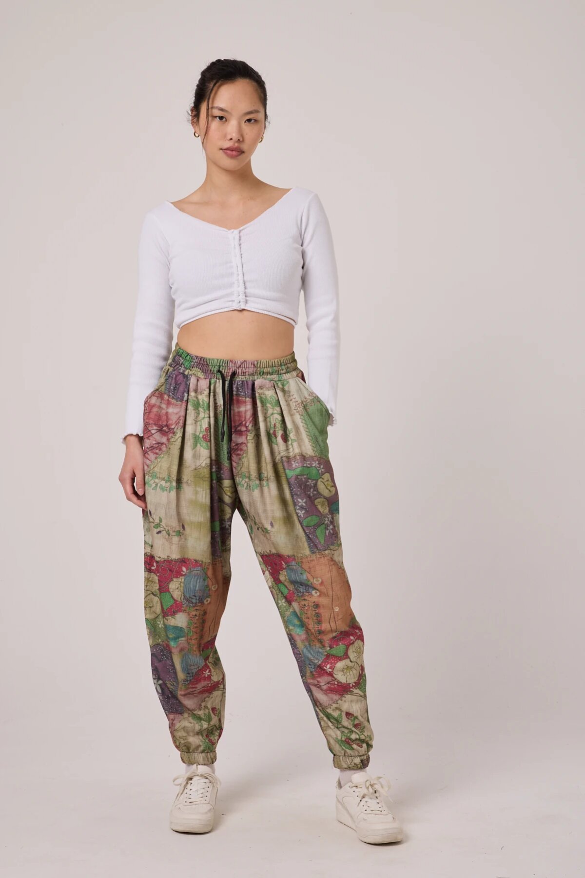 Sporty Harem Printed Seersucker Pants - Khaki - MEXICO SUPERBLUE