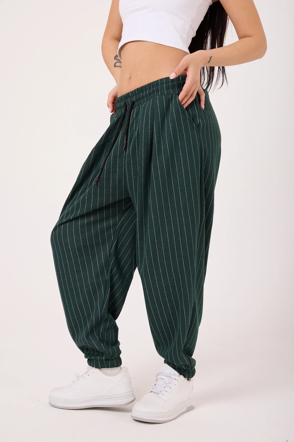 Sporty Striped Harem Pants - Khaki - MEXICO SUPERBLUE