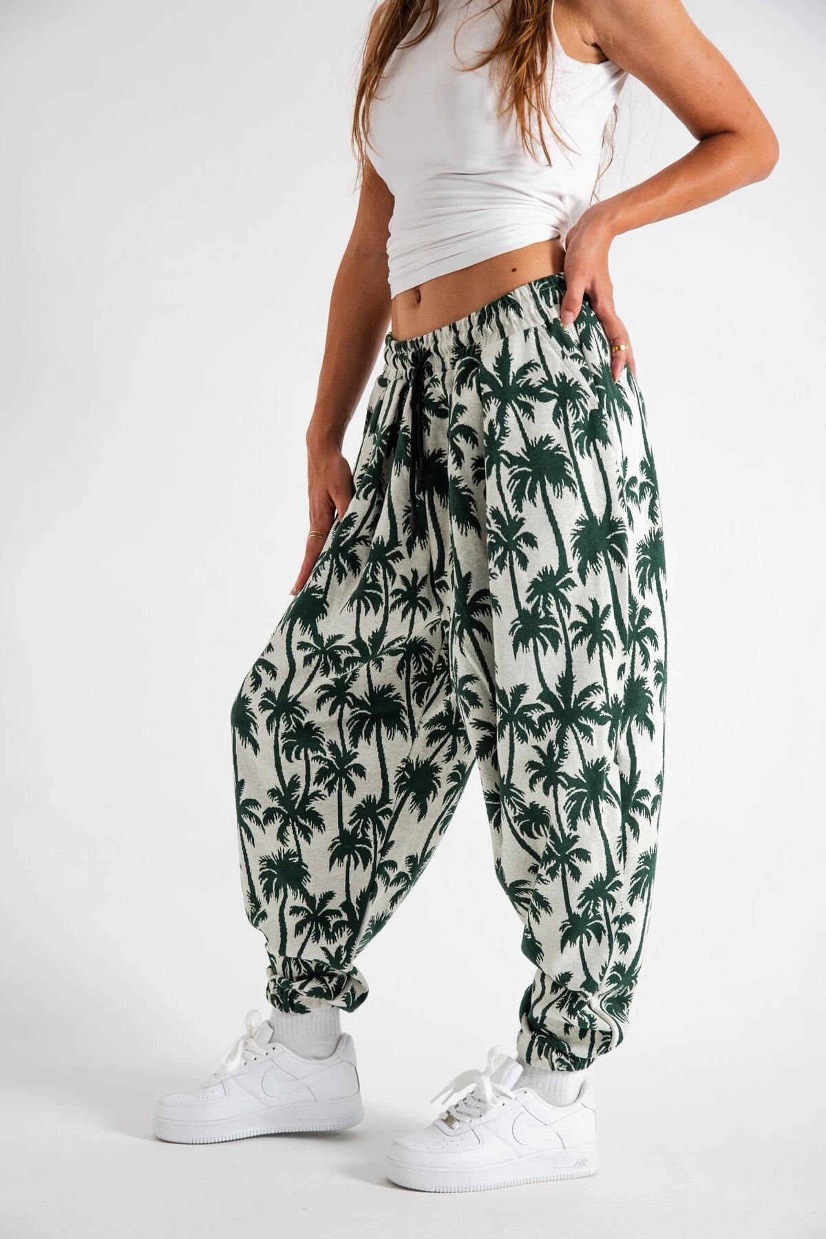 Harem Palm Print Pleated Pants - Khaki - MEXICO SUPERBLUE