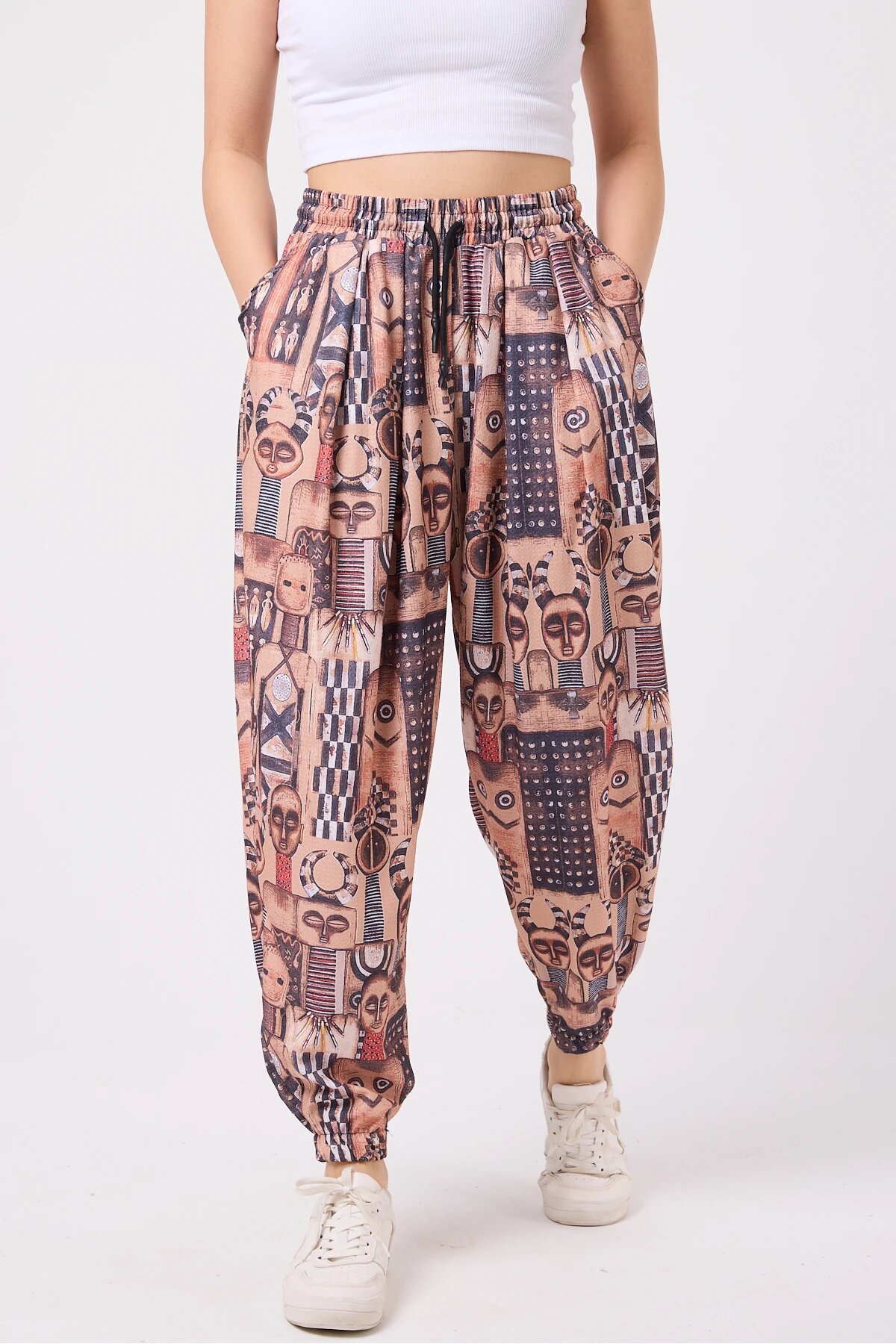 Sporty Printed Crinkle Baggy Pants - Brown - MEXICO SUPERBLUE