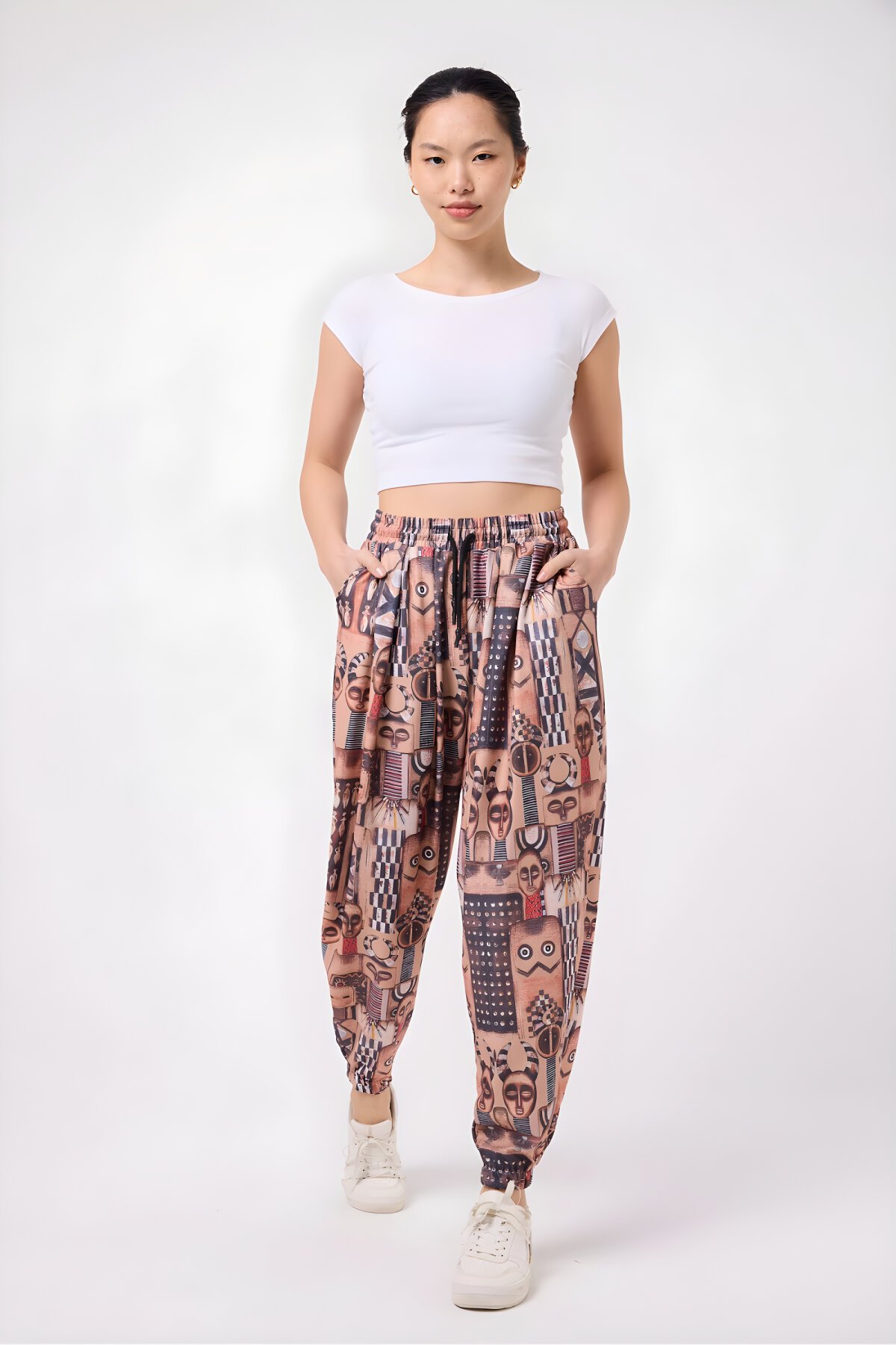 Sporty Printed Crinkle Baggy Pants - Brown - MEXICO SUPERBLUE