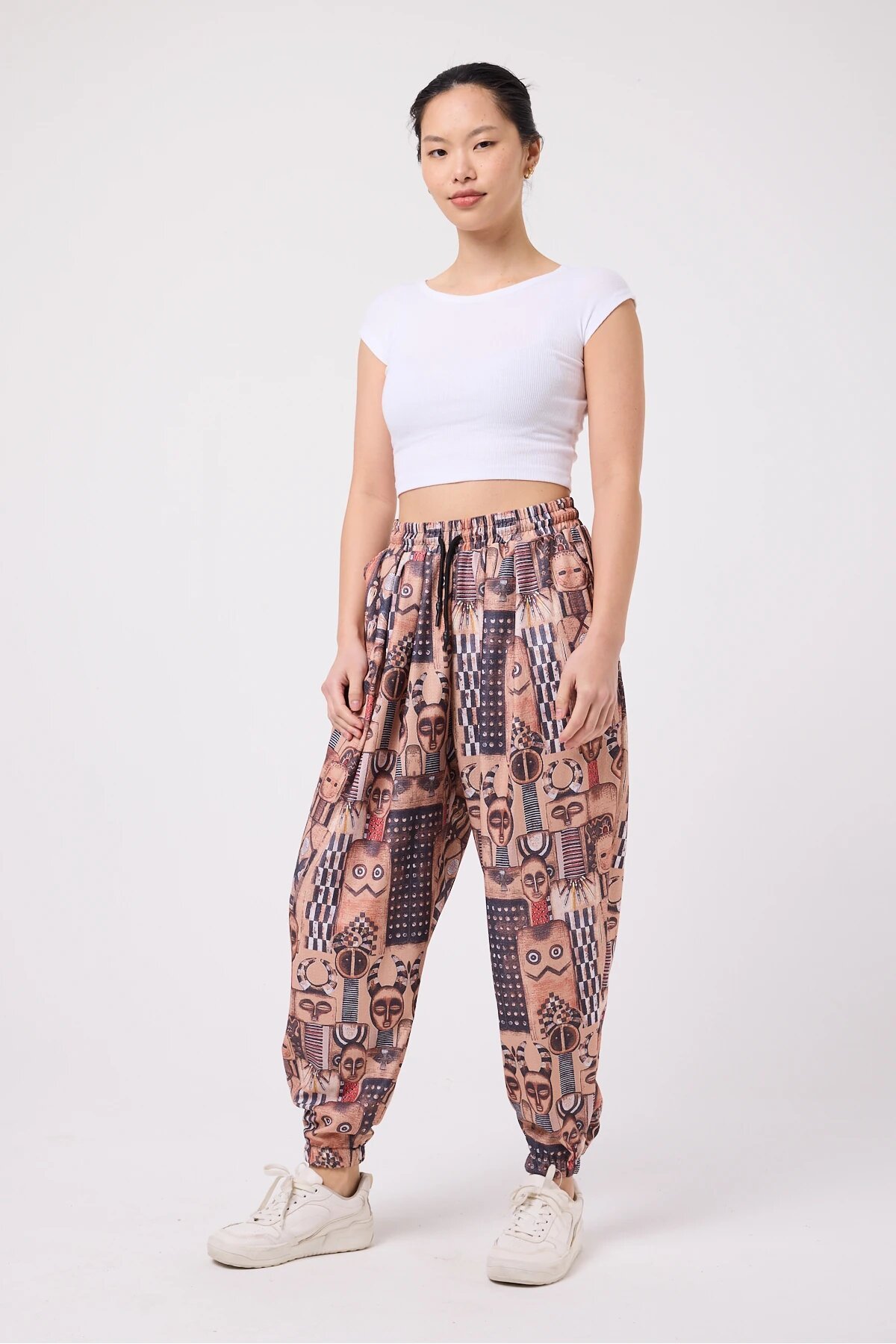 Sporty Printed Crinkle Baggy Pants - Brown - MEXICO SUPERBLUE