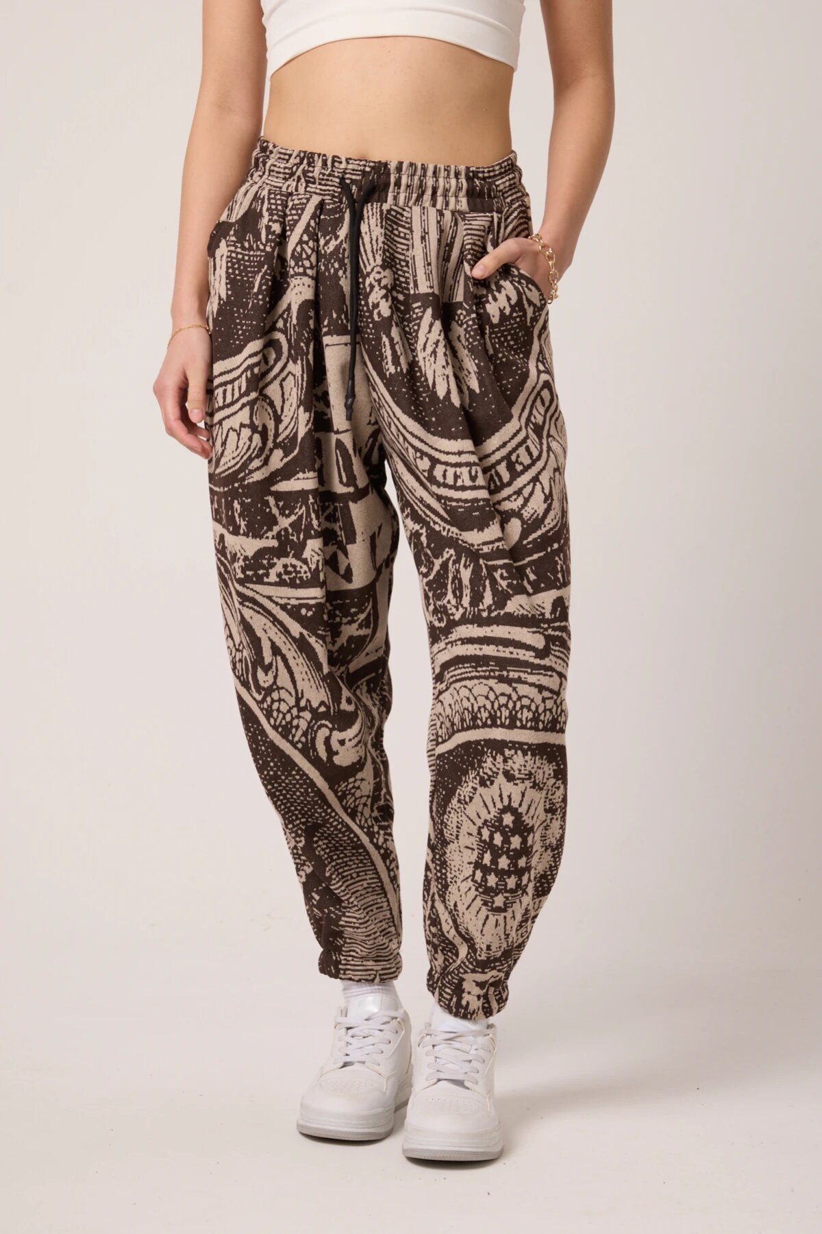 Sporty Harem Jacquard Pants - Brown - MEXICO SUPERBLUE