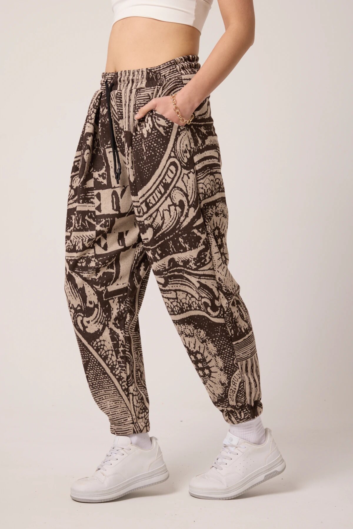 Sporty Harem Jacquard Pants - Brown - MEXICO SUPERBLUE