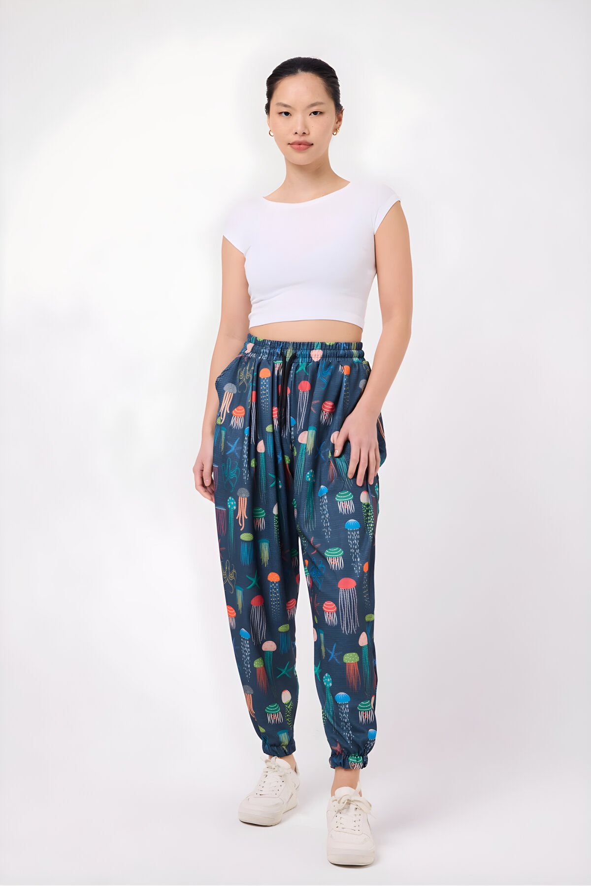 Shalwar Printed Crinkle Pants - Navy - MEXICO SUPERBLUE