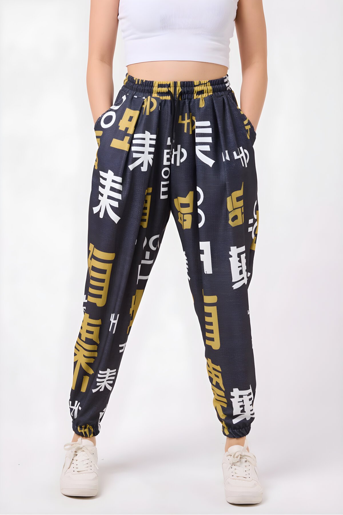Sporty Printed Harem Pants - Navy Blue - MEXICO SUPERBLUE