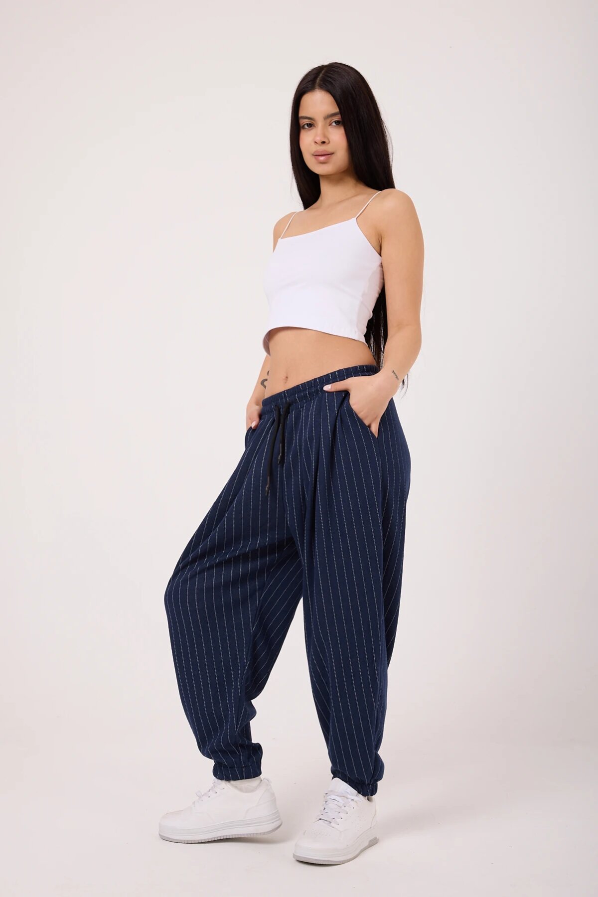 Street Style Sporty Harem Striped Pants - Navy Blue - MEXICO SUPERBLUE